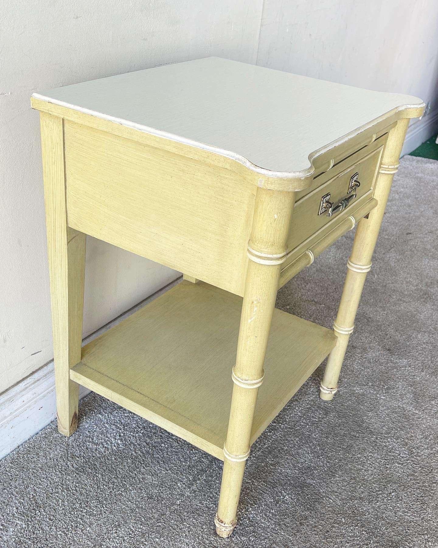 Vintage Coastal Green and White Faux Bamboo End Table For Sale 1
