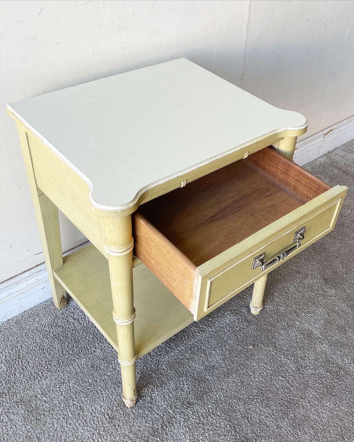 Vintage Coastal Green and White Faux Bamboo End Table For Sale 2