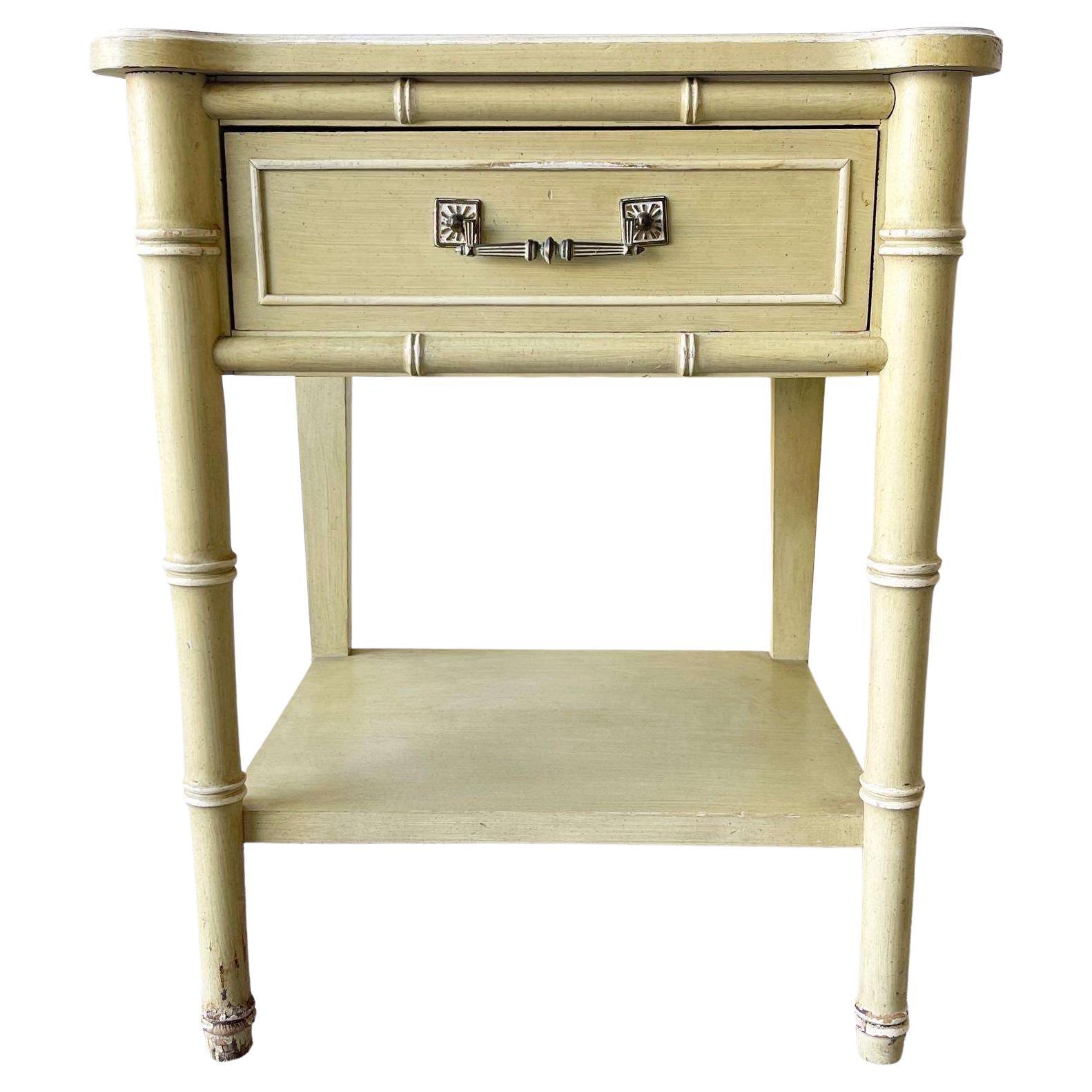 Vintage Coastal Green and White Faux Bamboo End Table For Sale