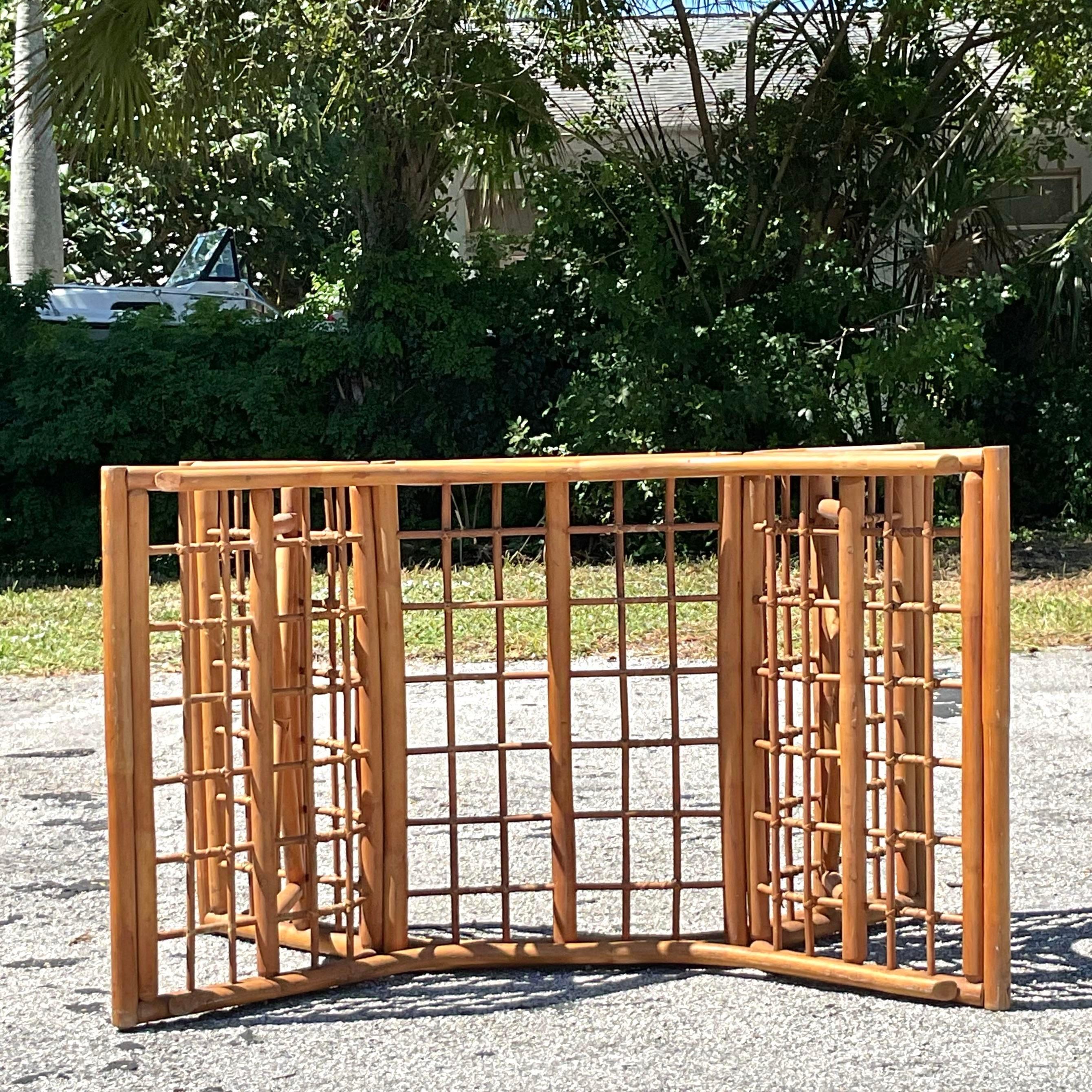 Philippine Vintage Coastal Grid Rattan Dining Table Pedestal Base For Sale