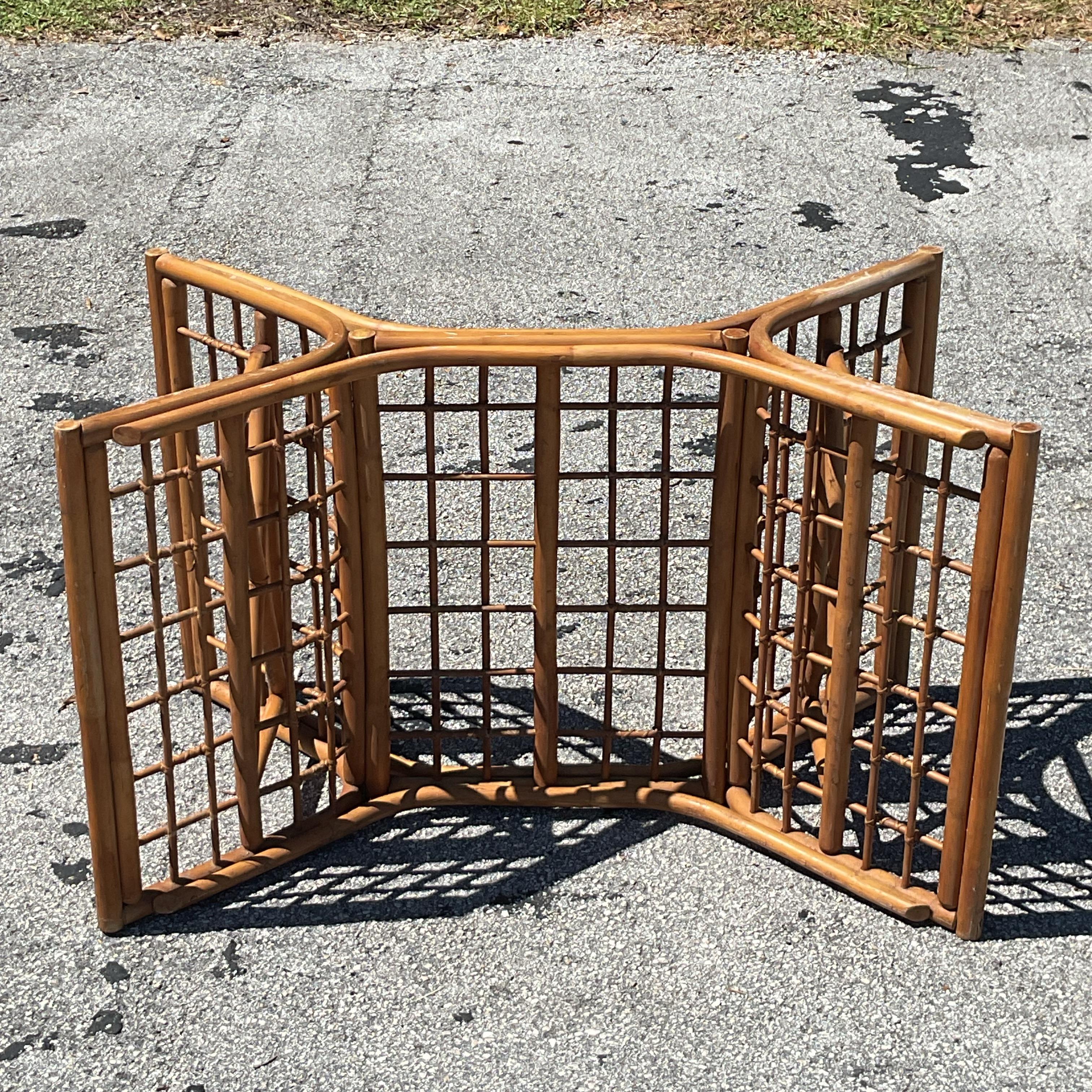 20th Century Vintage Coastal Grid Rattan Dining Table Pedestal Base For Sale