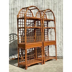 Vintage Coastal Grid Rattan Etagere - a Pair