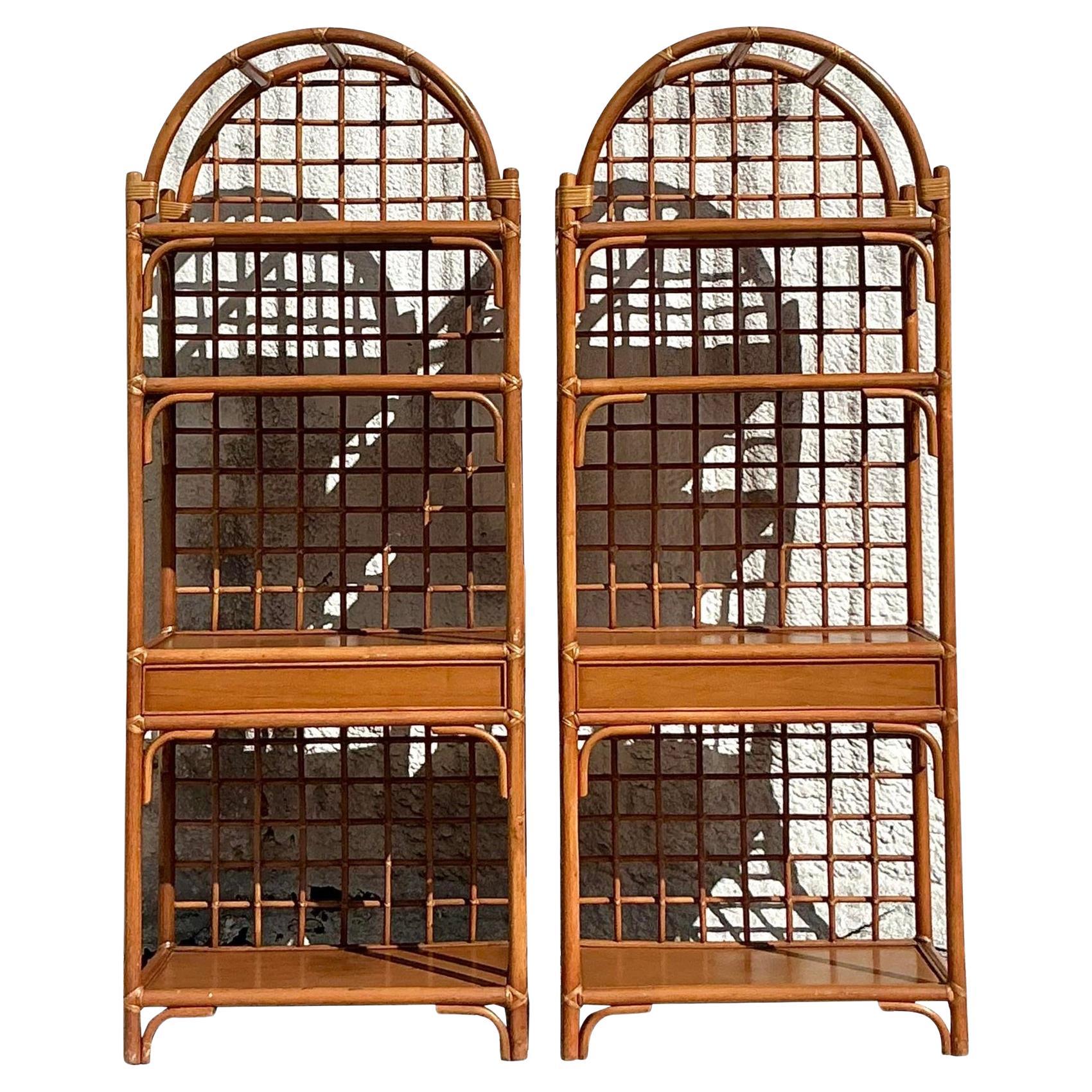 Vintage Coastal Grid Rattan Etagere - a Pair