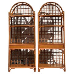 Vintage Coastal Grid Rattan Etagere - a Pair