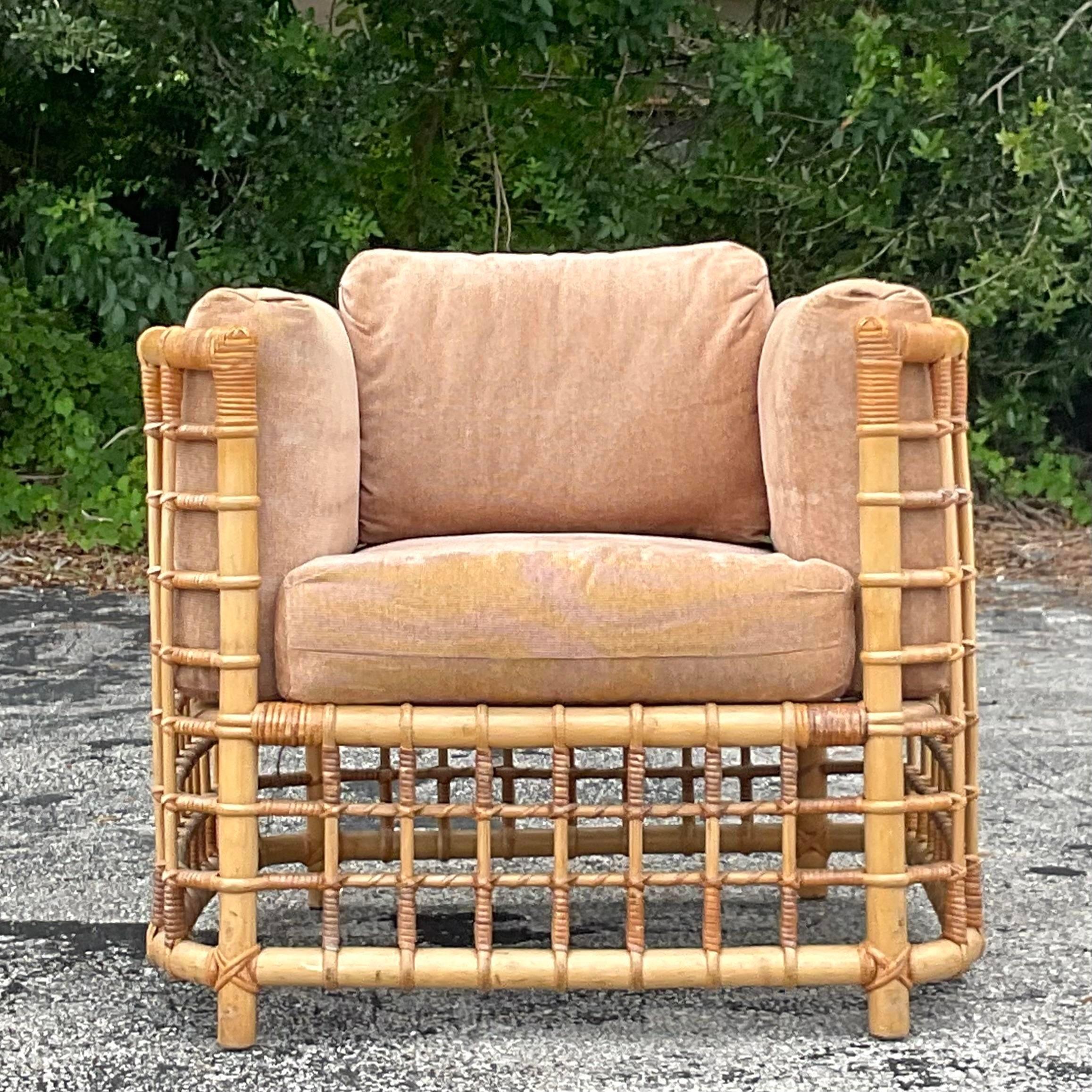 Philippine Vintage Coastal Grid Rattan Lounge Chair After Henry Olko