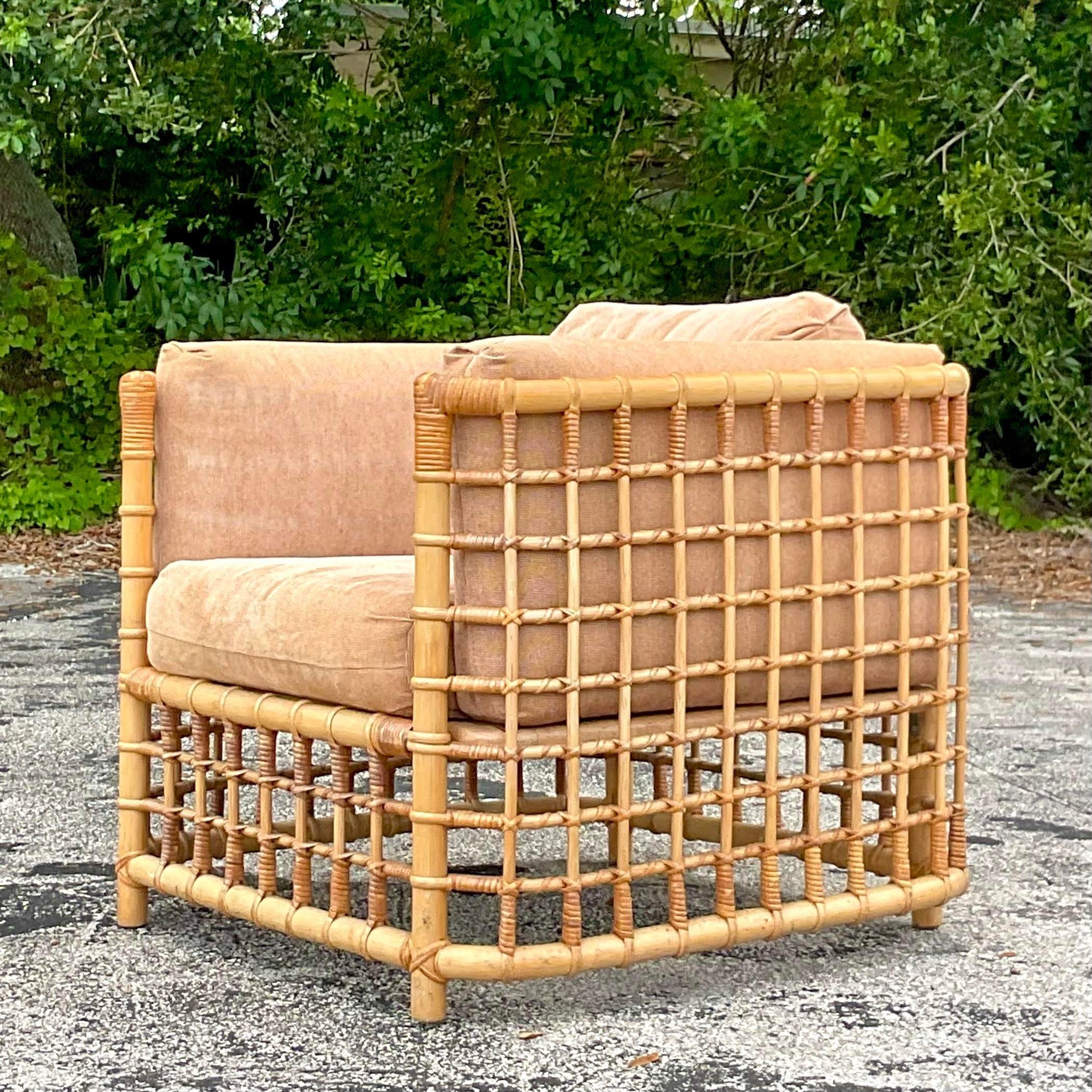 Vintage Coastal Grid Rattan Lounge Chair After Henry Olko In Good Condition In west palm beach, FL