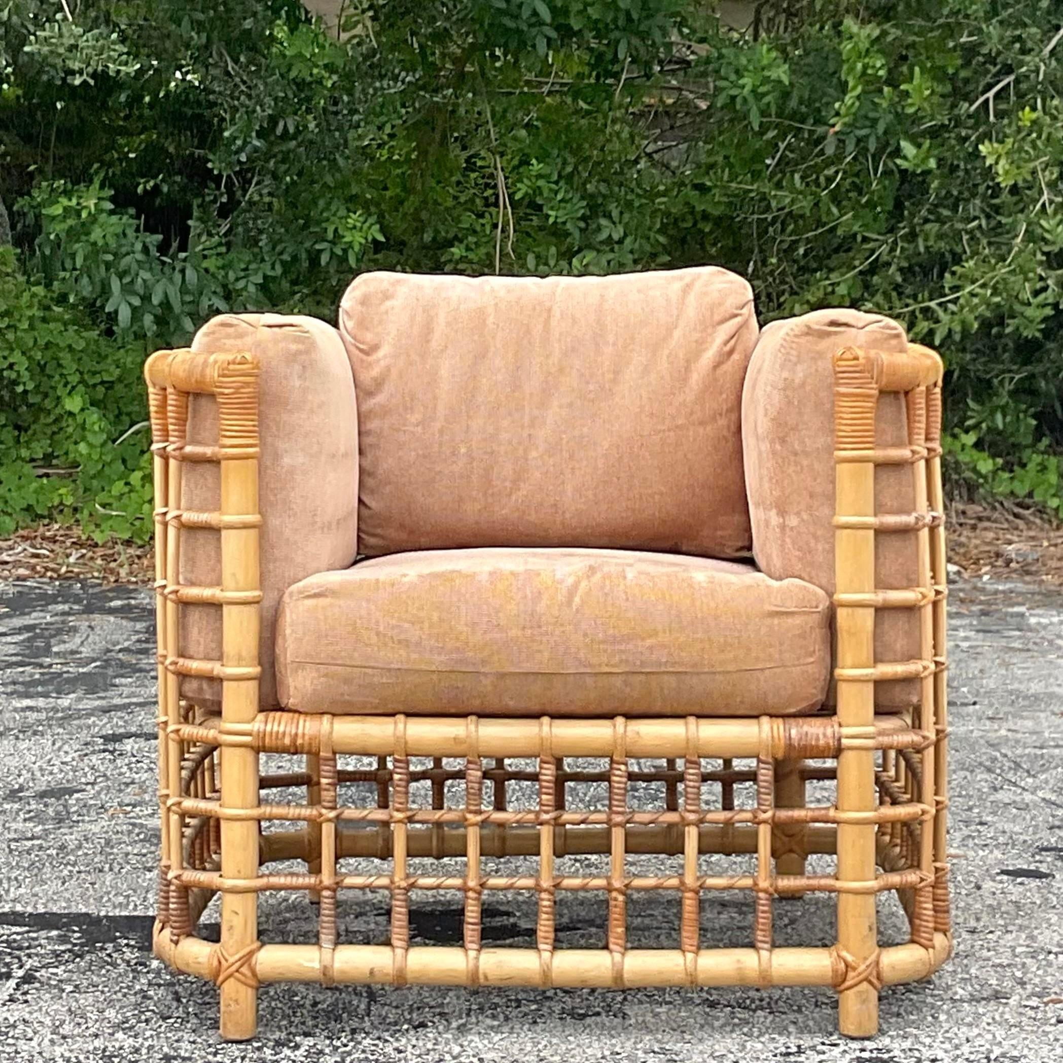 20th Century Vintage Coastal Grid Rattan Lounge Chair After Henry Olko
