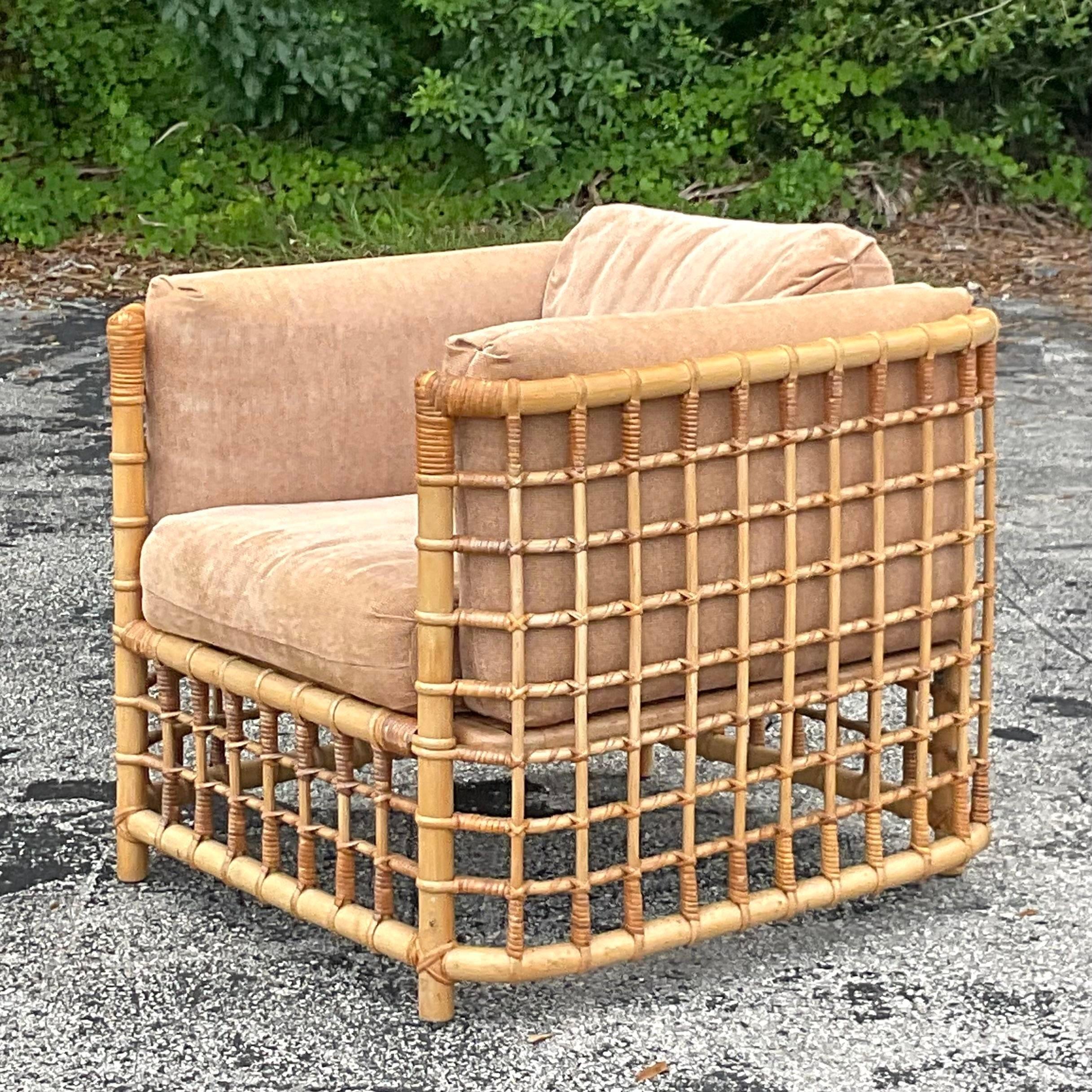 Vintage Coastal Grid Rattan Lounge Chair After Henry Olko 1