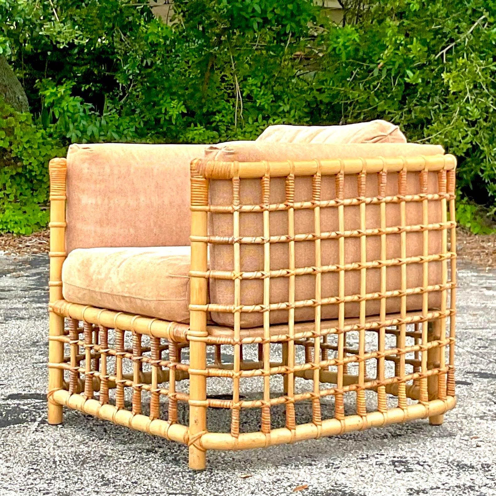Vintage Coastal Grid Rattan Lounge Chair After Henry Olko 2