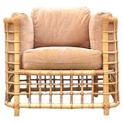 Vintage Coastal Grid Rattan Lounge Chair After Henry Olko