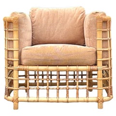 Vintage Coastal Grid Rattan Lounge Chair After Henry Olko