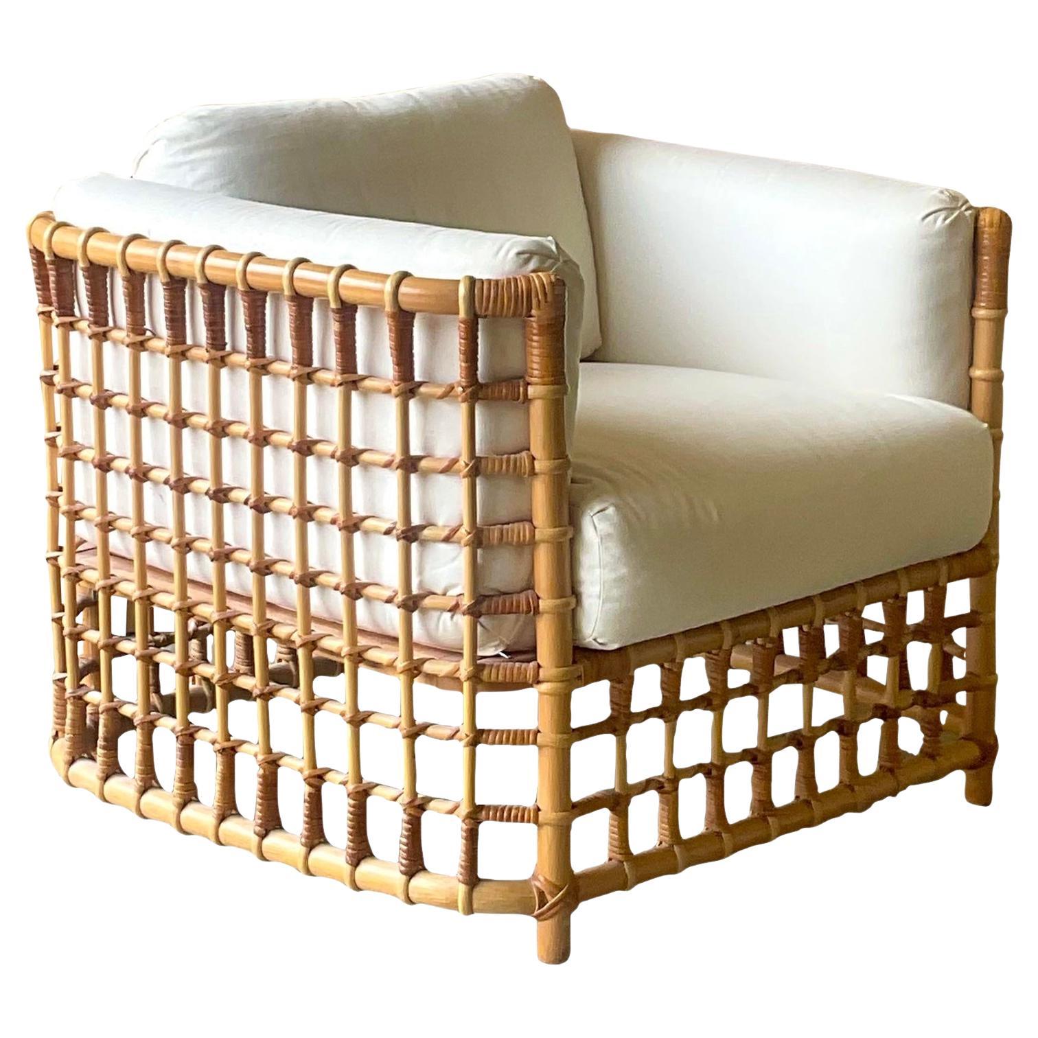 Vintage Coastal Grid Z Rattan Lounge Chair After Henry Olko For Sale at