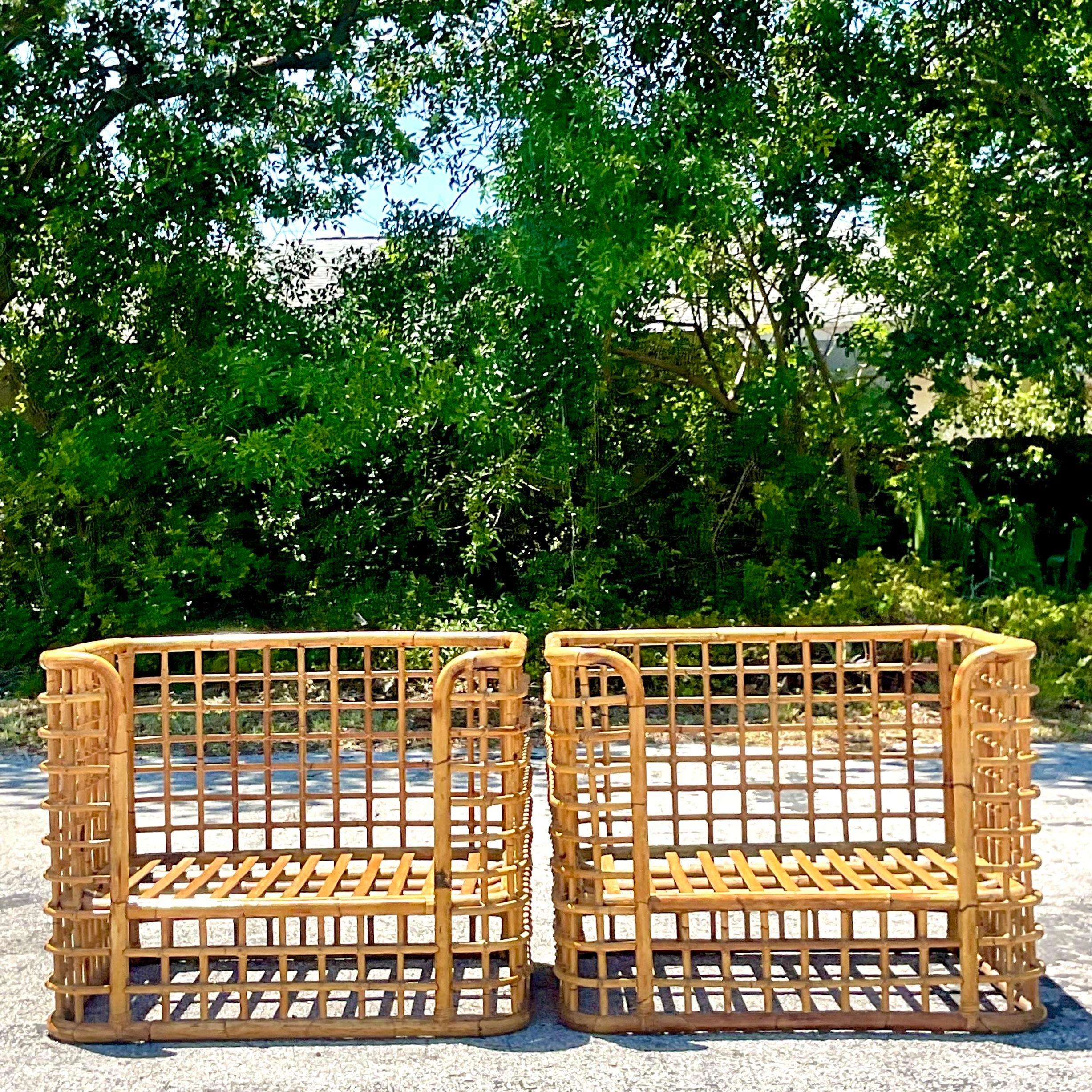 Vintage Coastal Grid Rattan Lounge Chairs After Henry Olko - a Pair In Good Condition For Sale In west palm beach, FL