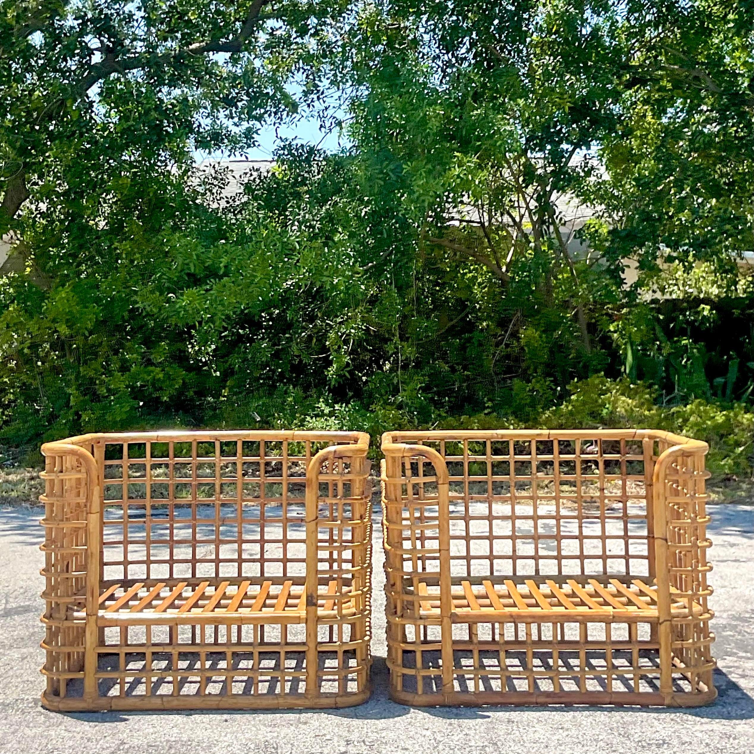 20th Century Vintage Coastal Grid Rattan Lounge Chairs After Henry Olko - a Pair For Sale