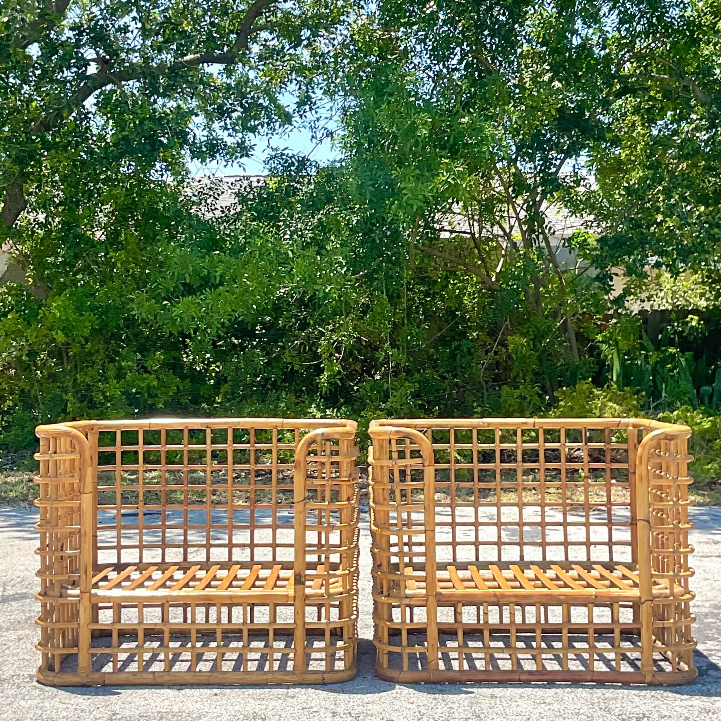 Vintage Coastal Grid Rattan Lounge Chairs After Henry Olko - a Pair For Sale 1