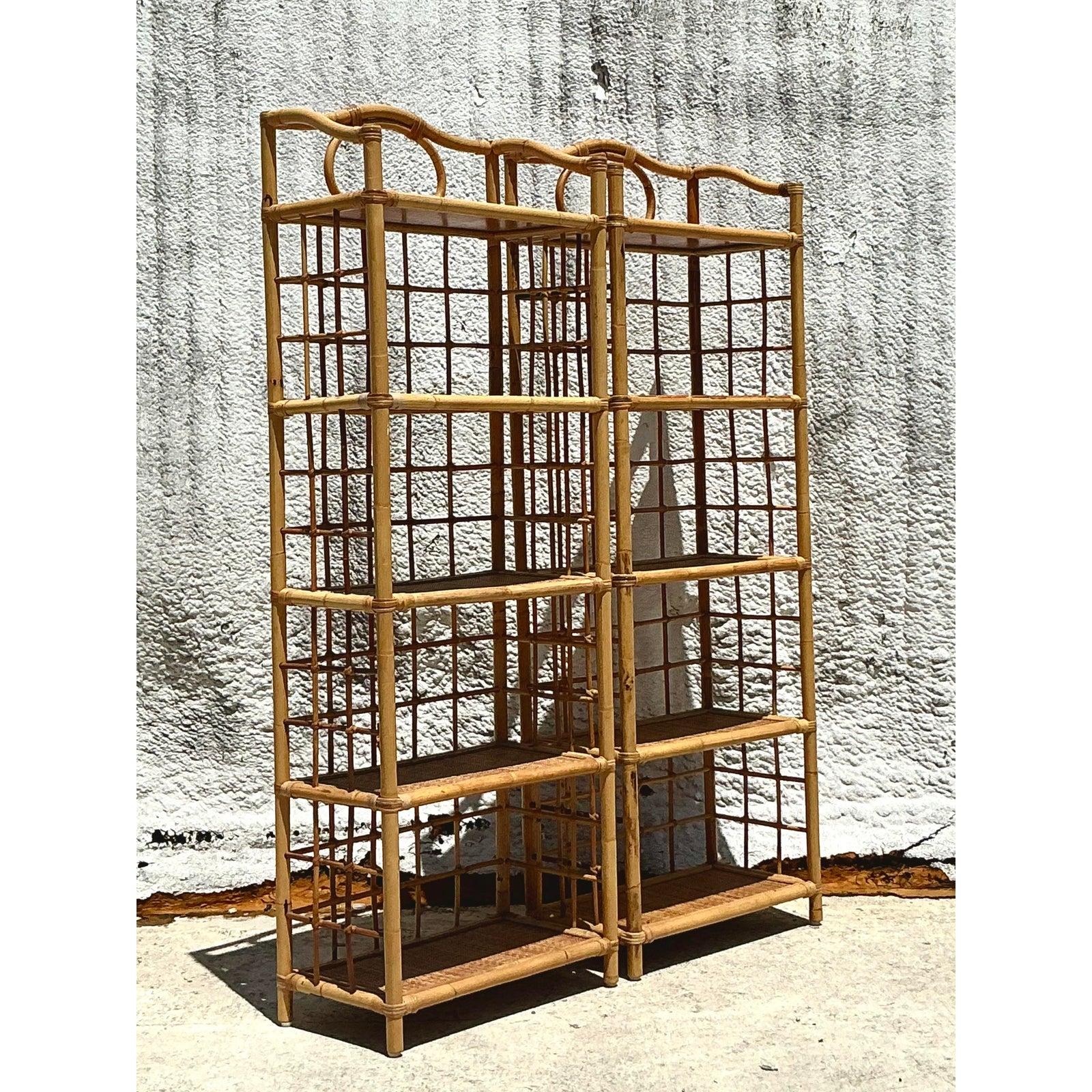 Organic Modern Vintage Coastal Grid Rattan Low Etagere - A Pair For Sale