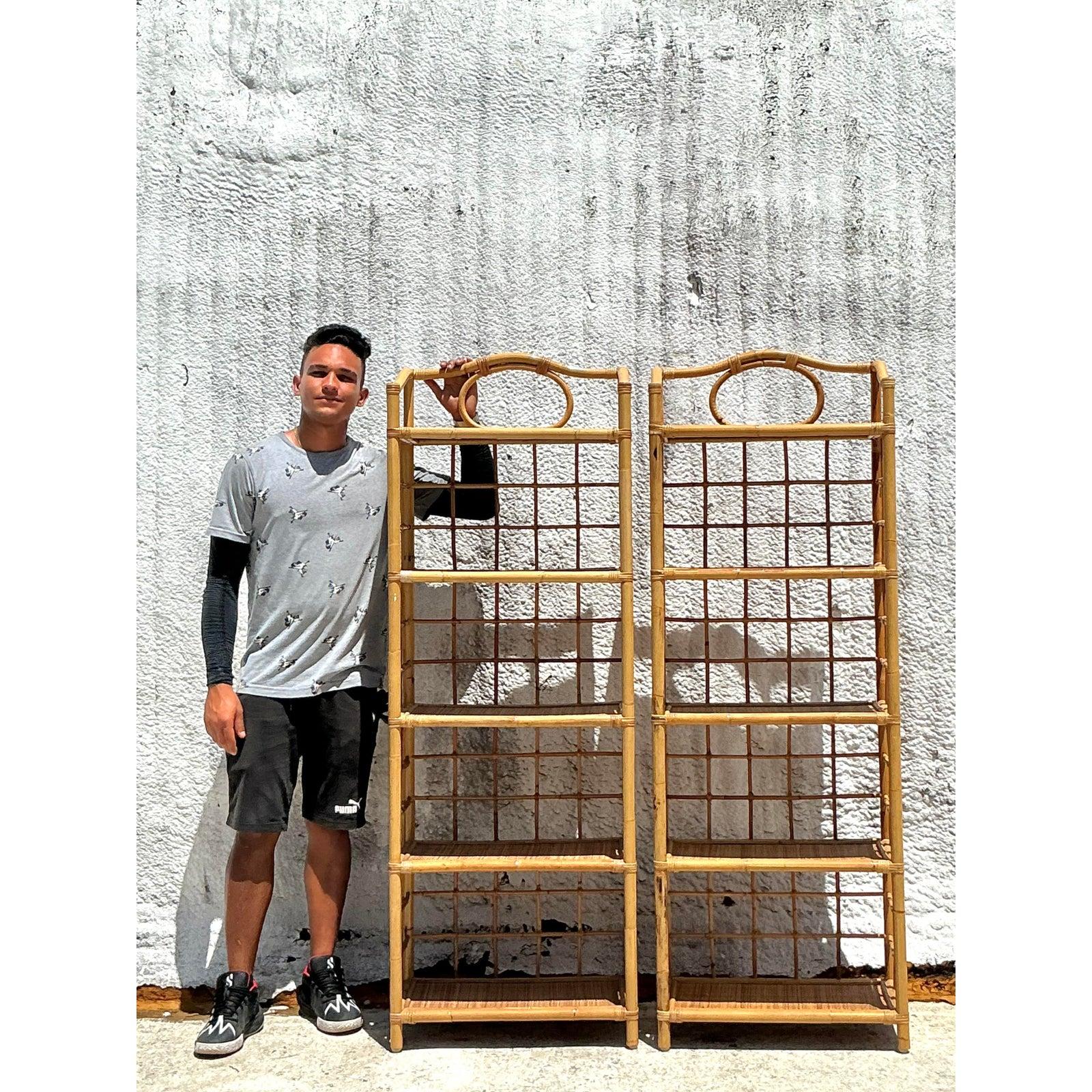 Vintage Coastal Grid Rattan Low Etagere - A Pair In Good Condition For Sale In west palm beach, FL