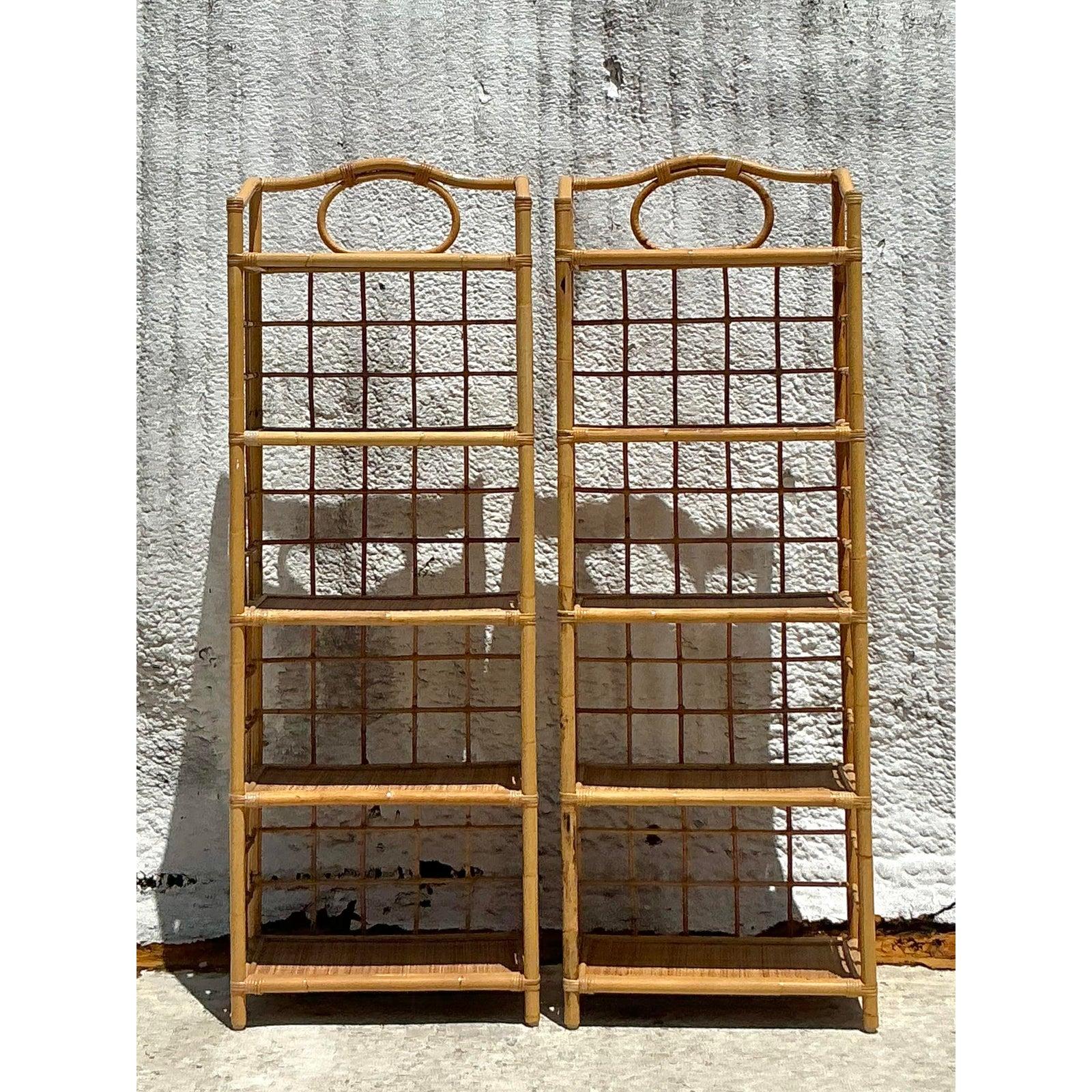 20th Century Vintage Coastal Grid Rattan Low Etagere - A Pair For Sale