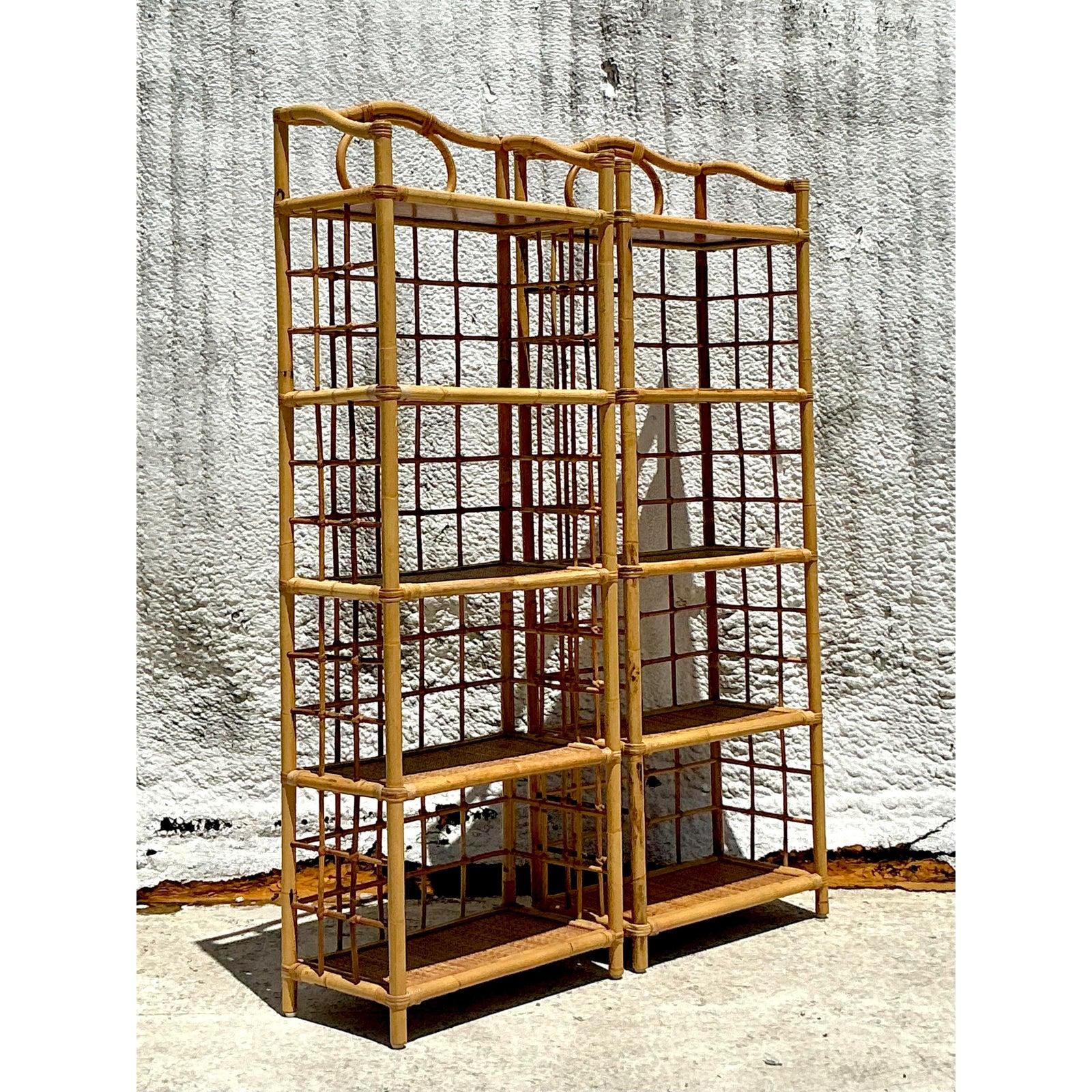 Bamboo Vintage Coastal Grid Rattan Low Etagere - A Pair For Sale