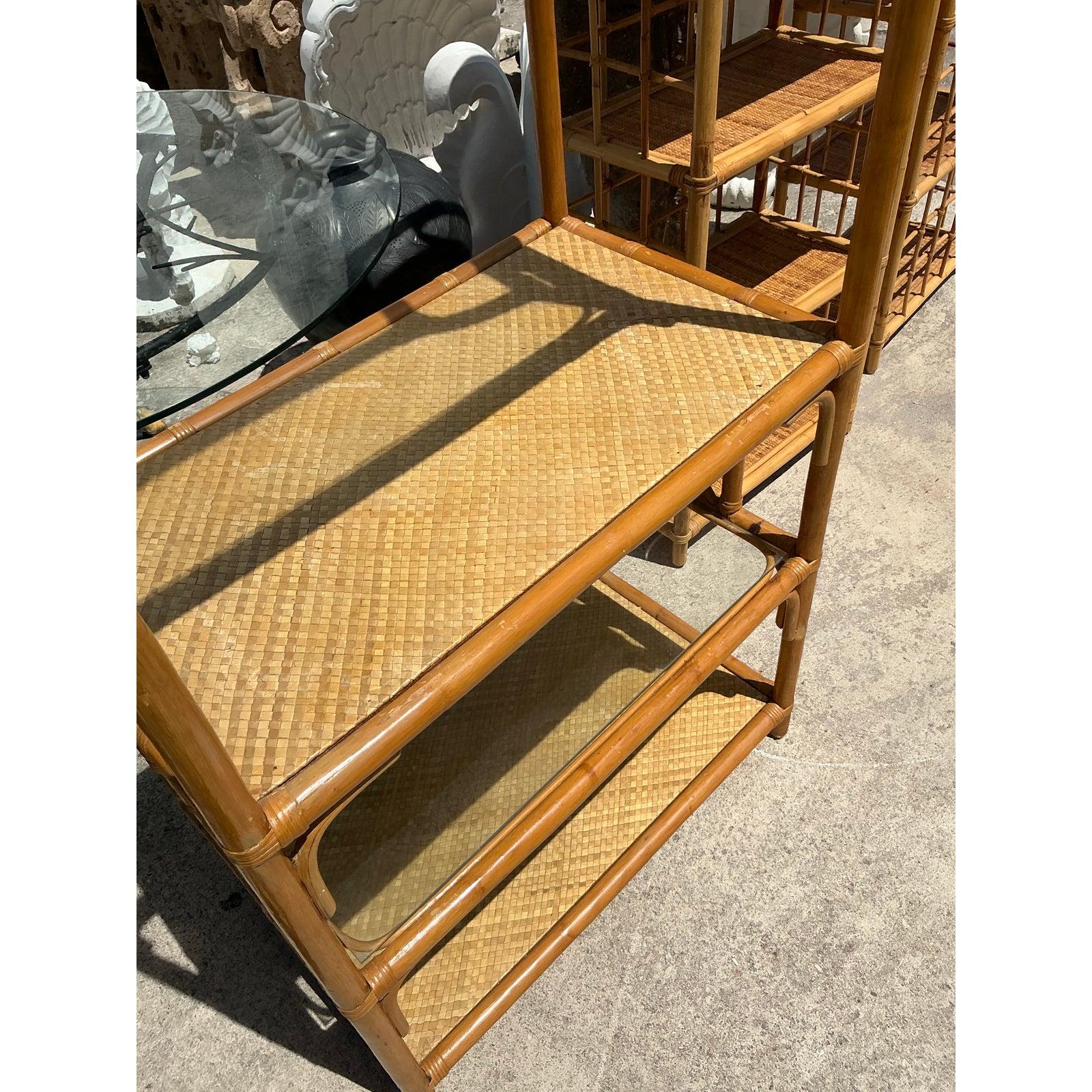 Vintage Coastal Grid Rattan Low Etagere - A Pair For Sale 1
