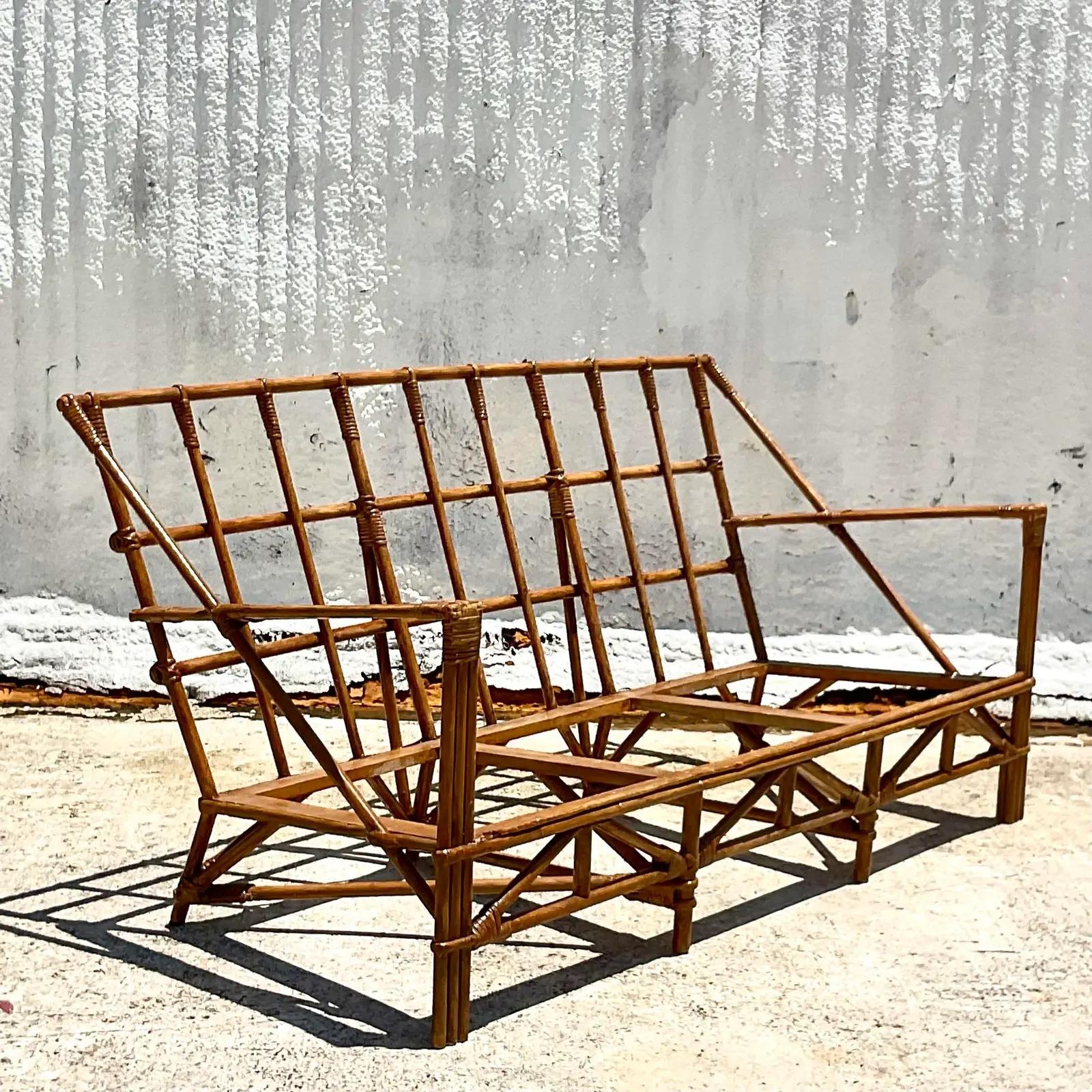 Philippine Vintage Coastal Grid Rattan Sofa For Sale
