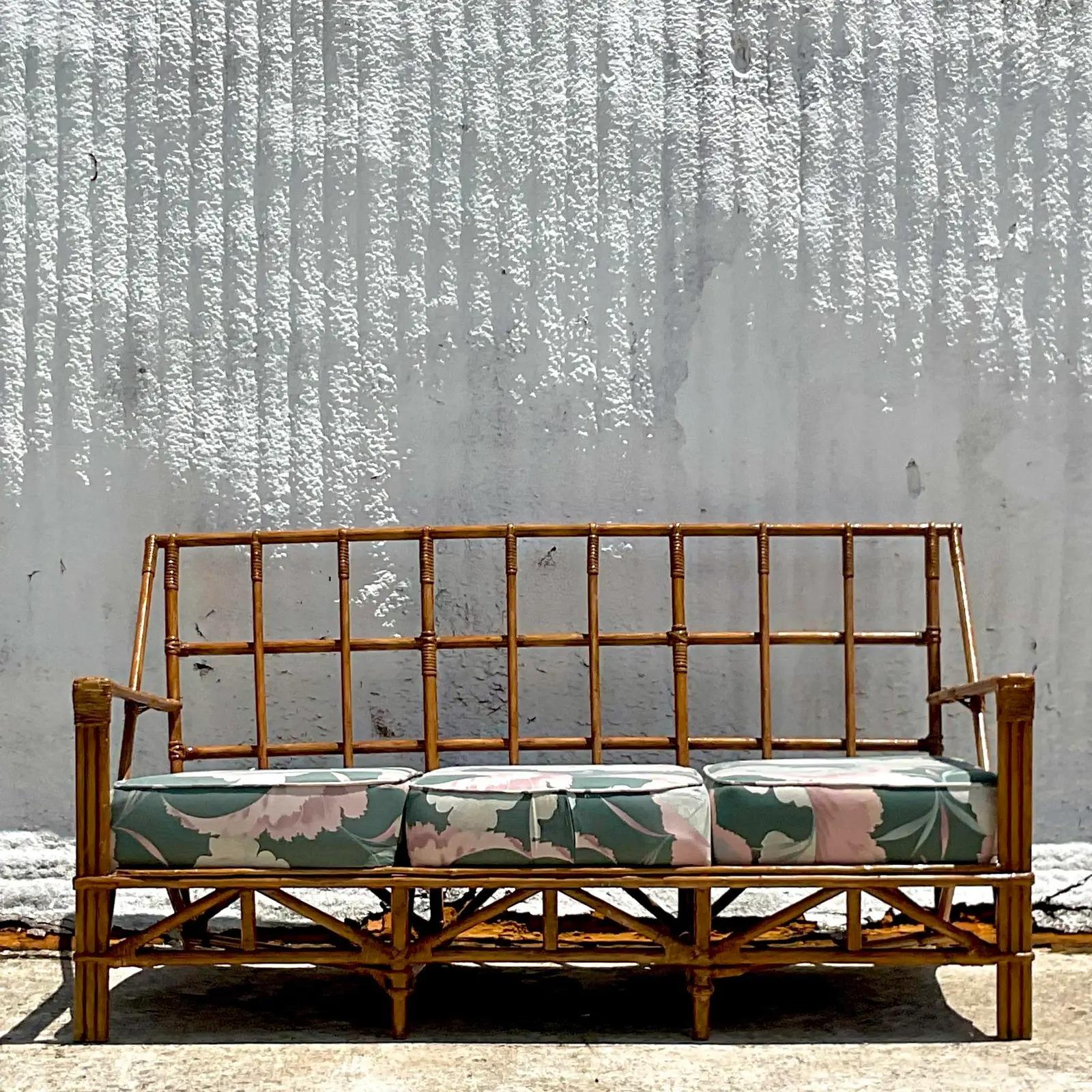 Vintage Coastal Grid Rattan Sofa In Good Condition For Sale In west palm beach, FL