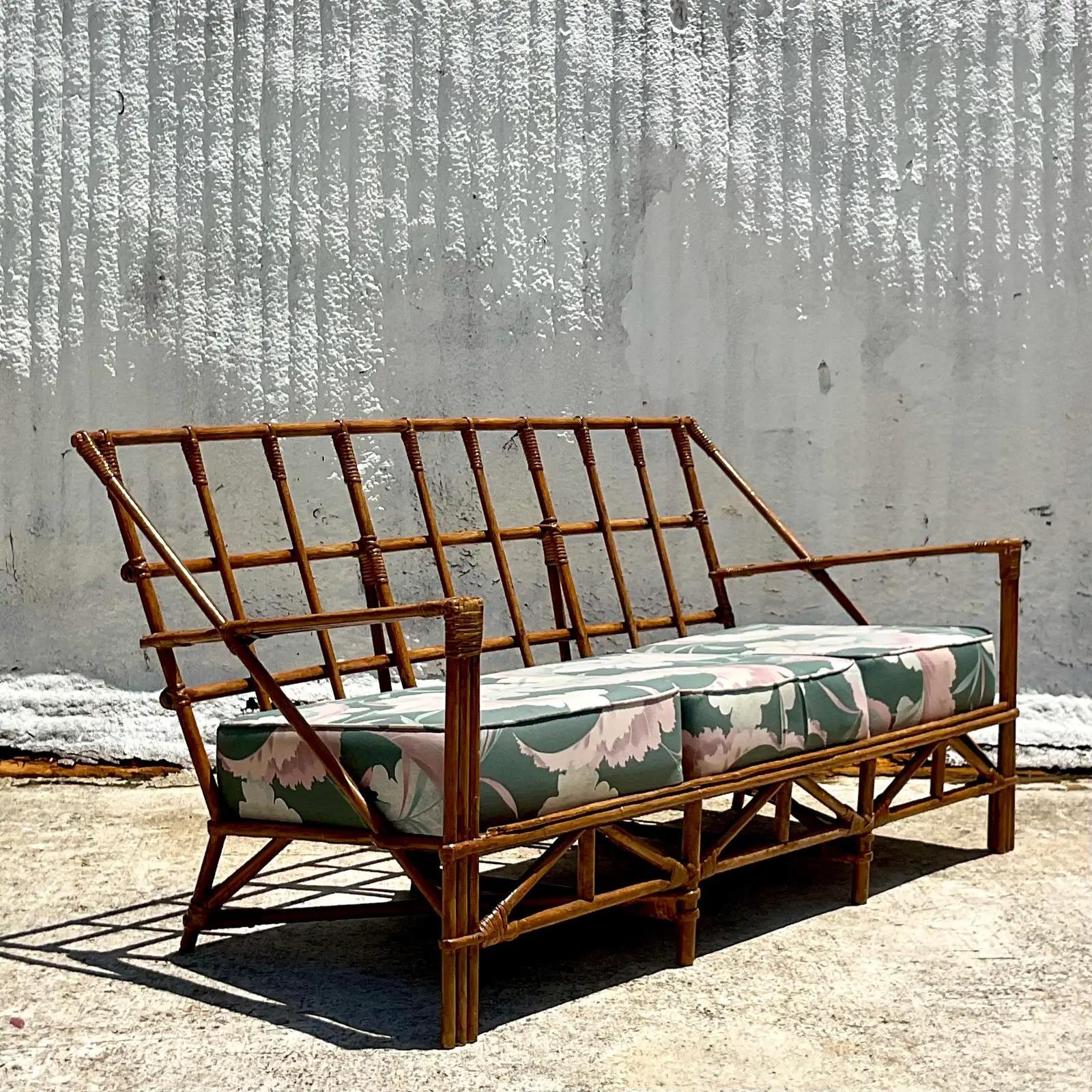 Vintage Coastal Grid Rattan Sofa For Sale 2