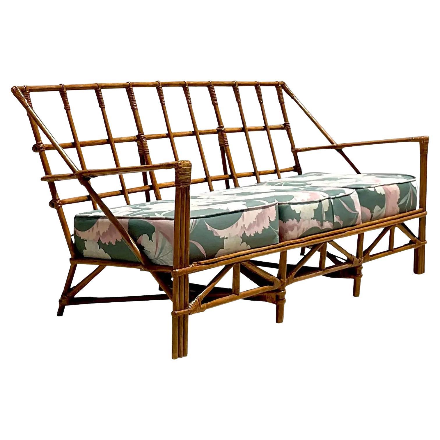 Vintage Coastal Grid Rattan Sofa For Sale