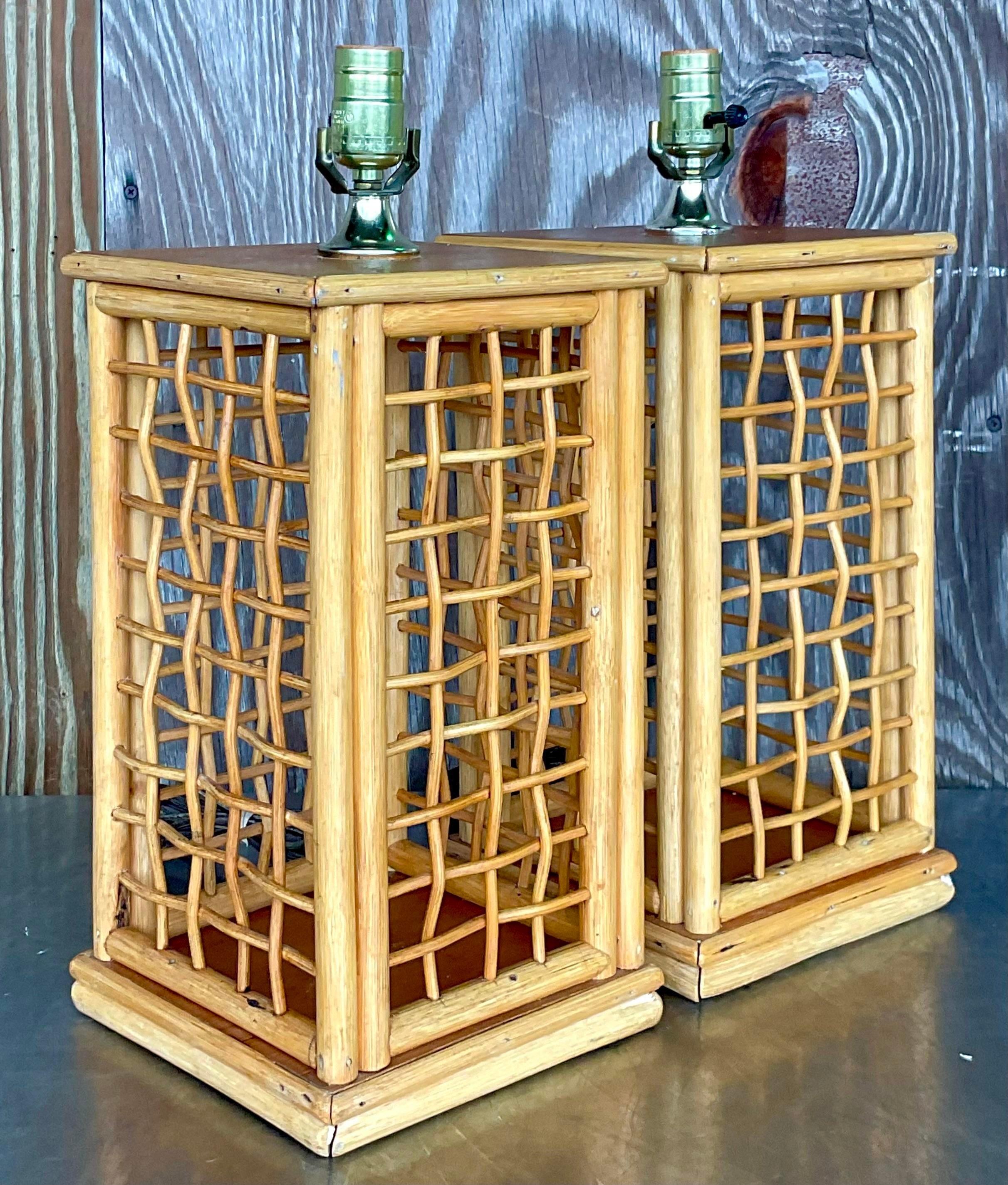Vintage Coastal Grid Rattan Table Lamps - a Pair In Good Condition For Sale In west palm beach, FL