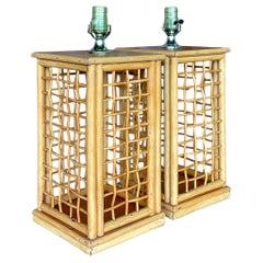 Used Coastal Grid Rattan Table Lamps - a Pair