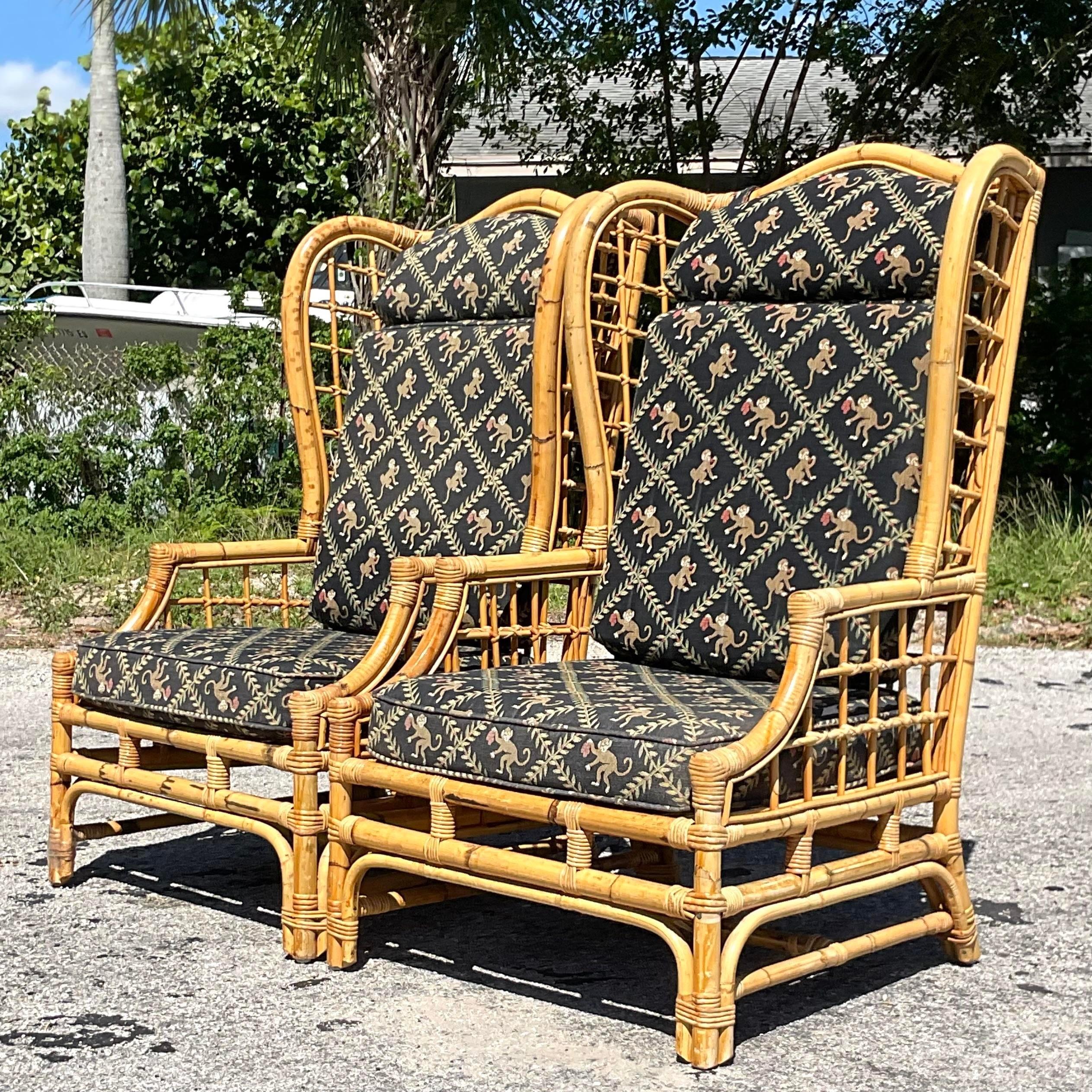 Philippine Vintage Coastal Grid Rattan Wingback Chairs, a Pair