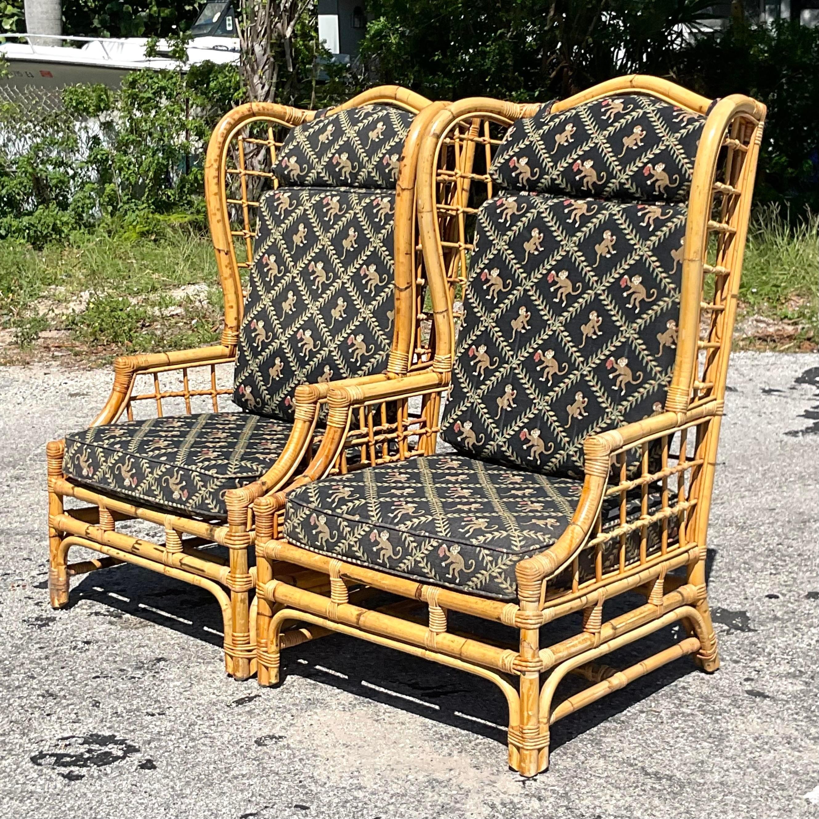 Vintage Coastal Grid Rattan Wingback Chairs, a Pair 1