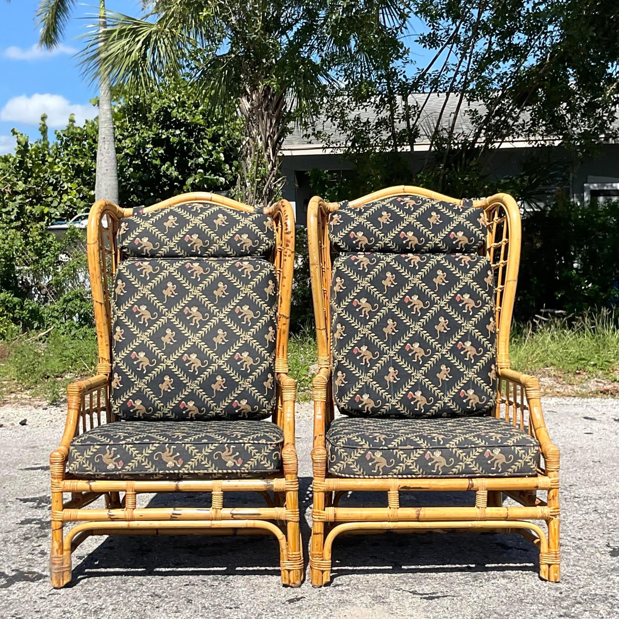 Vintage Coastal Grid Rattan Wingback Chairs, a Pair 2