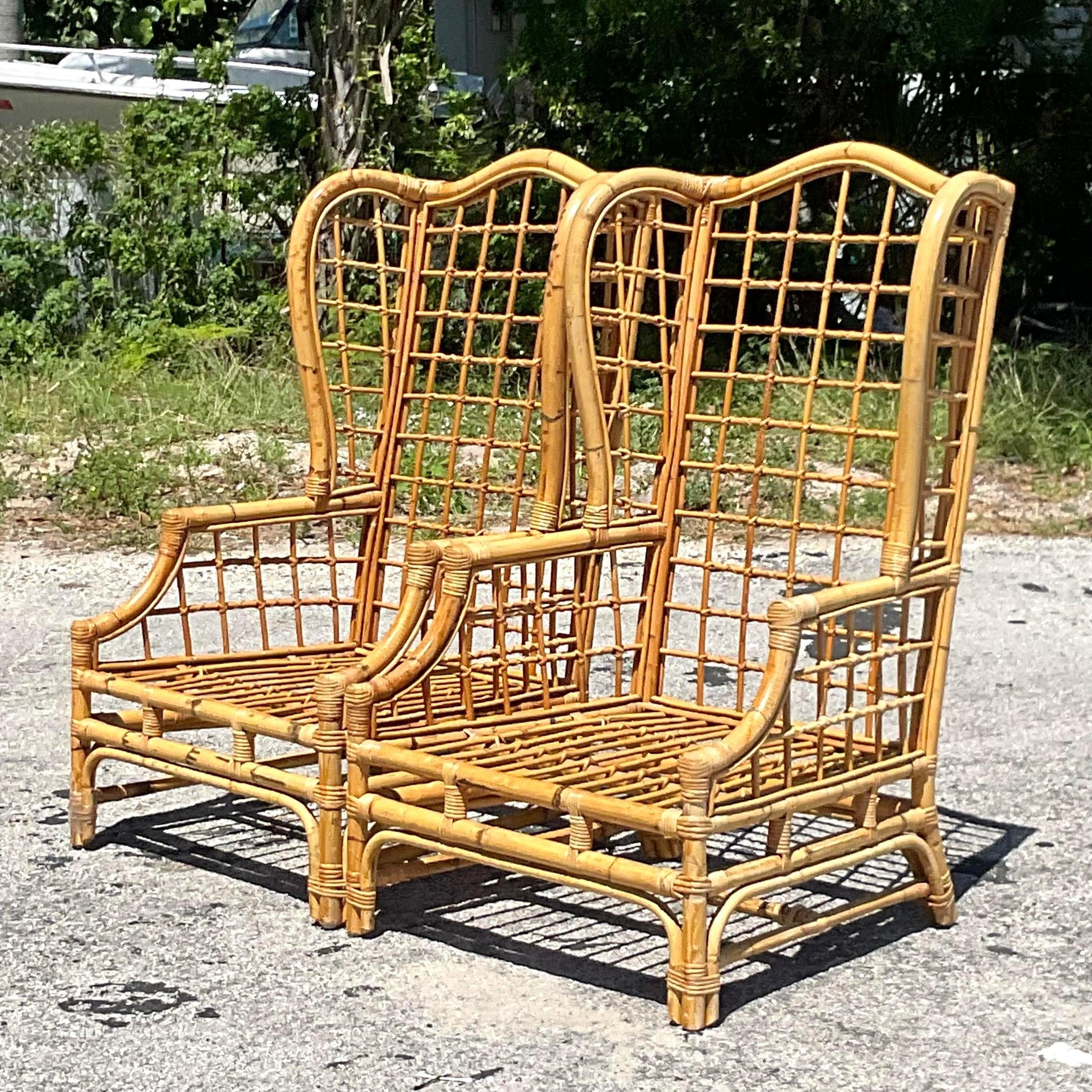 Vintage Coastal Grid Rattan Wingback Chairs, a Pair 3