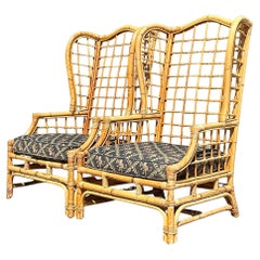 Vintage Coastal Grid Rattan Wingback Chairs, a Pair