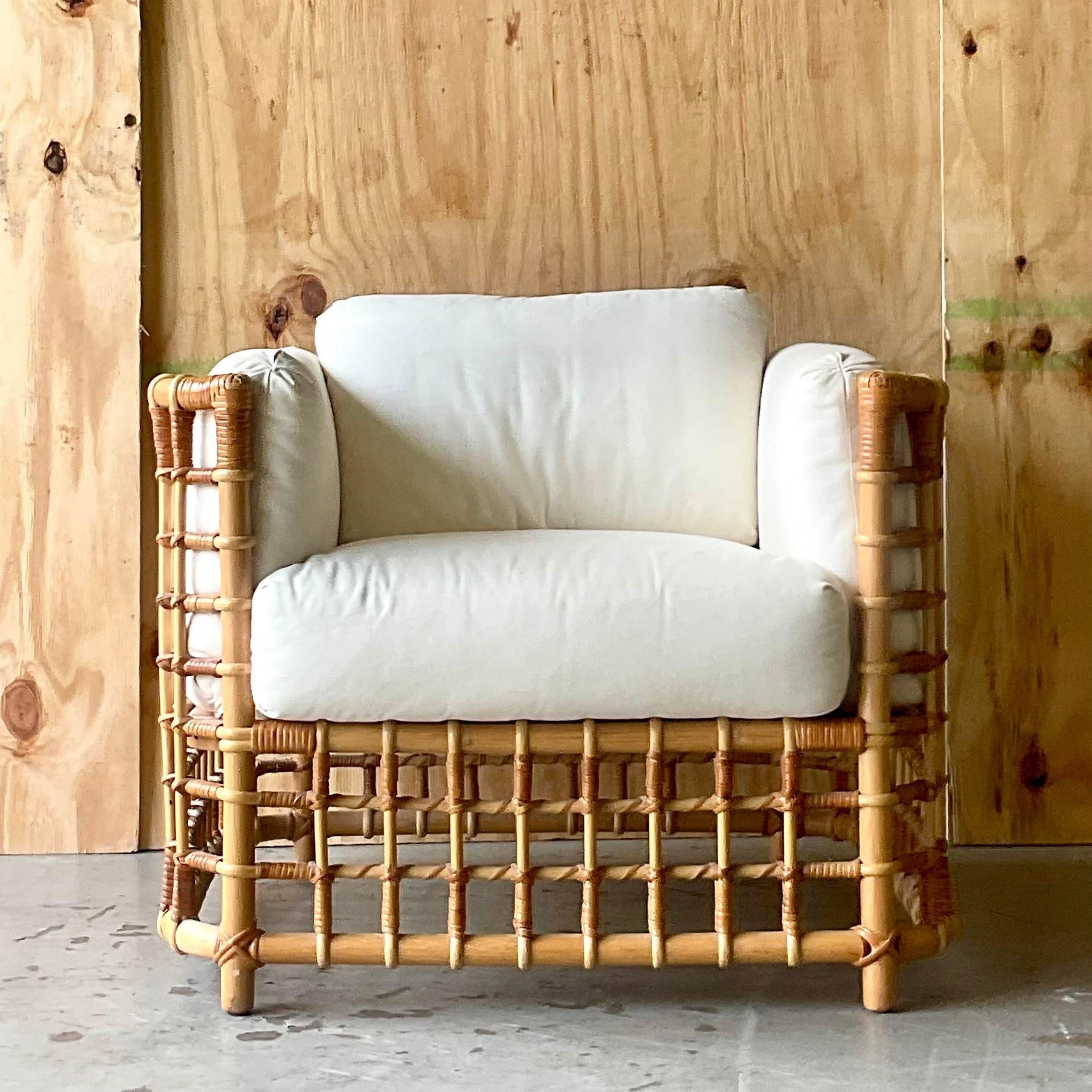 Philippine Vintage Coastal Grid Z Rattan Lounge Chair After Henry Olko