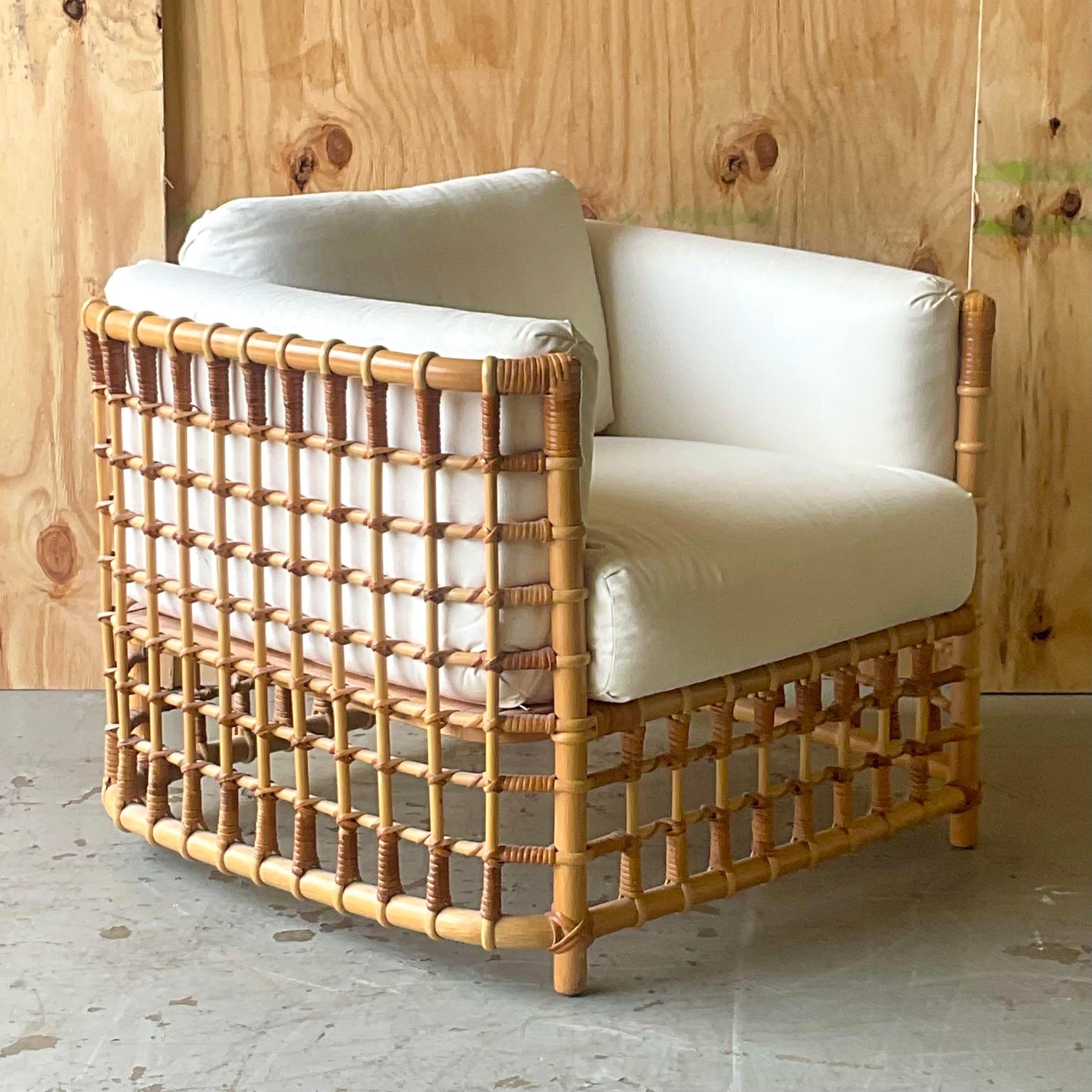 Vintage Coastal Grid Z Rattan Lounge Chair After Henry Olko In Good Condition In West Palm Beach, FL