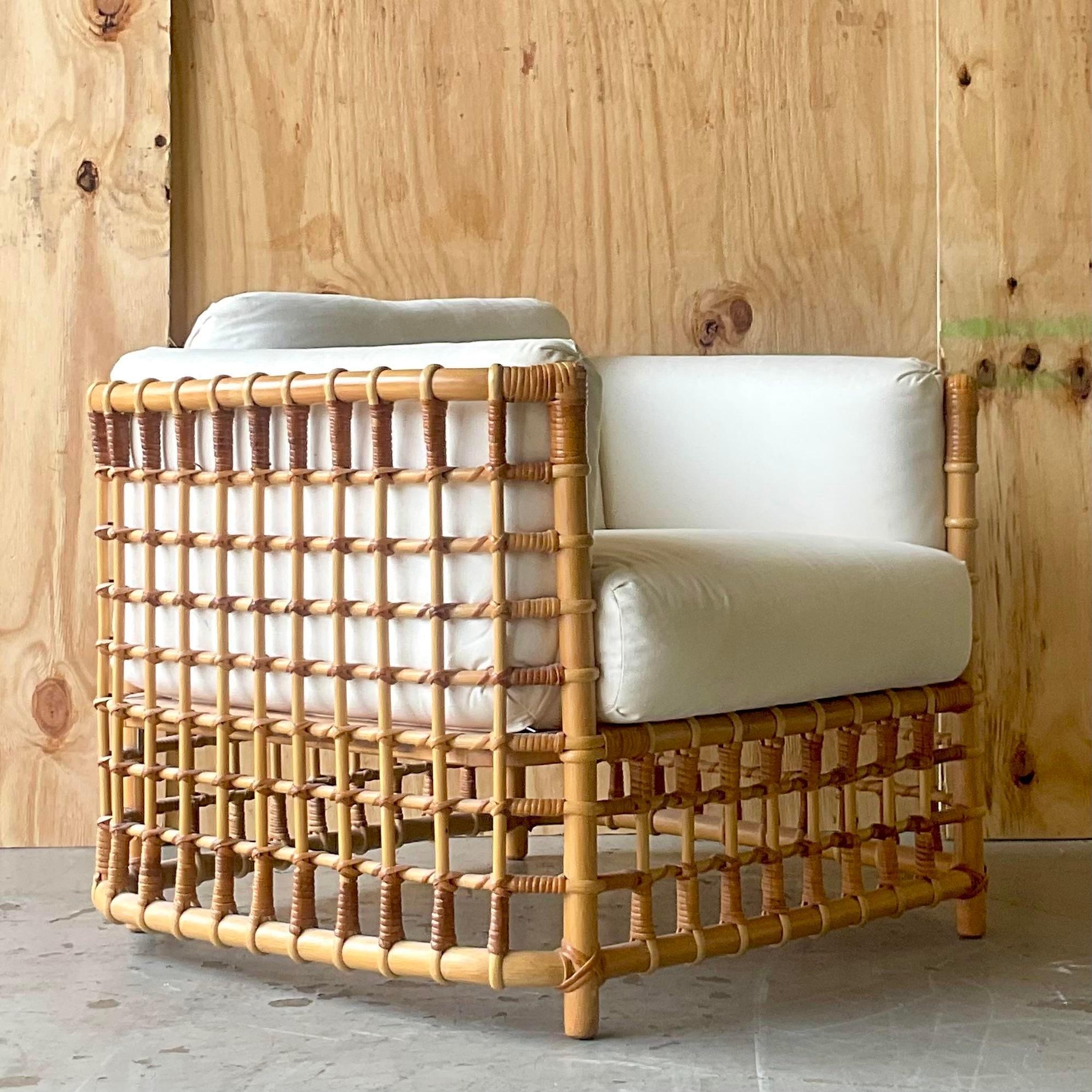 20th Century Vintage Coastal Grid Z Rattan Lounge Chair After Henry Olko
