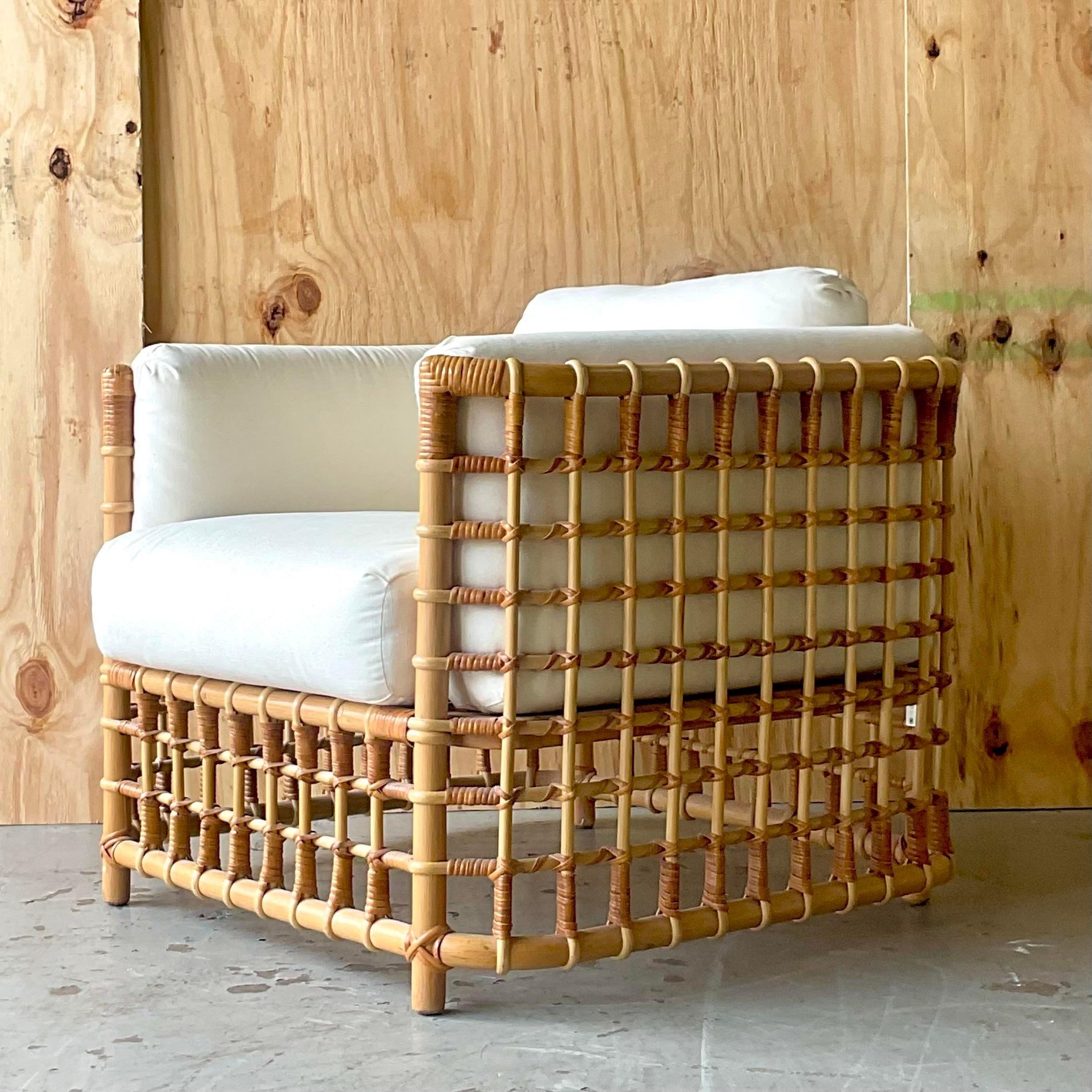 Vintage Coastal Grid Z Rattan Lounge Chair After Henry Olko 1