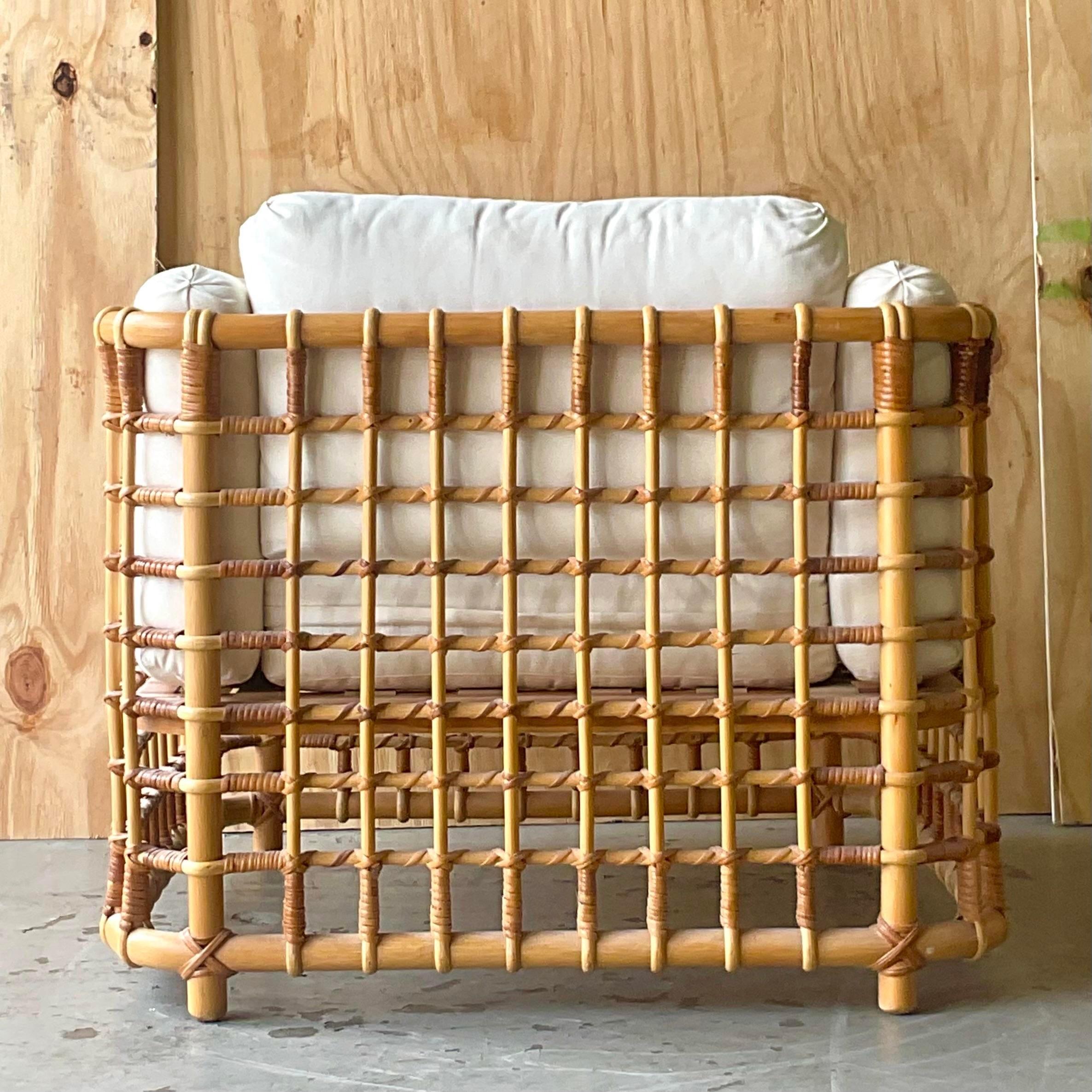 Vintage Coastal Grid Z Rattan Lounge Chair After Henry Olko 2