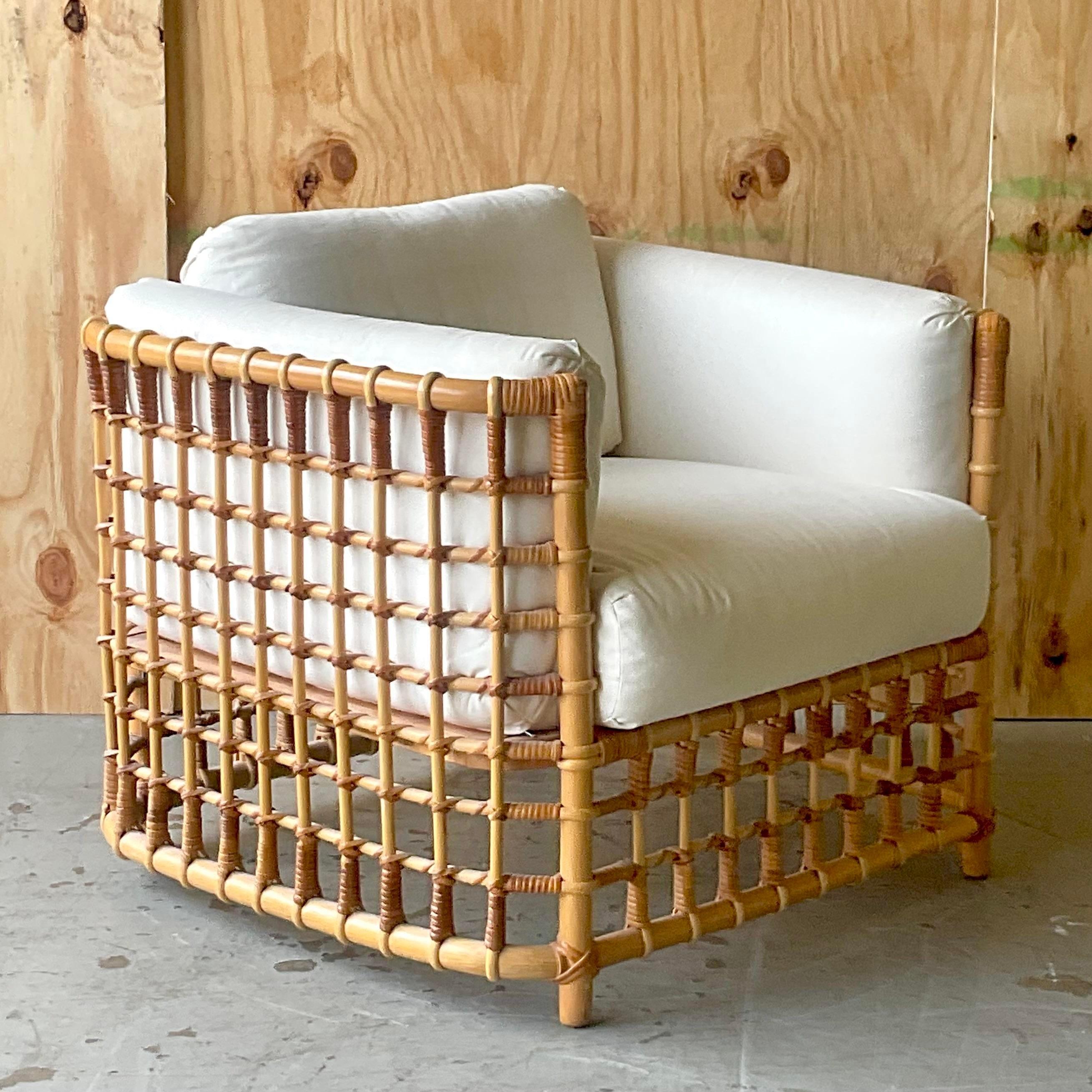 Vintage Coastal Grid Z Rattan Lounge Chair After Henry Olko 3