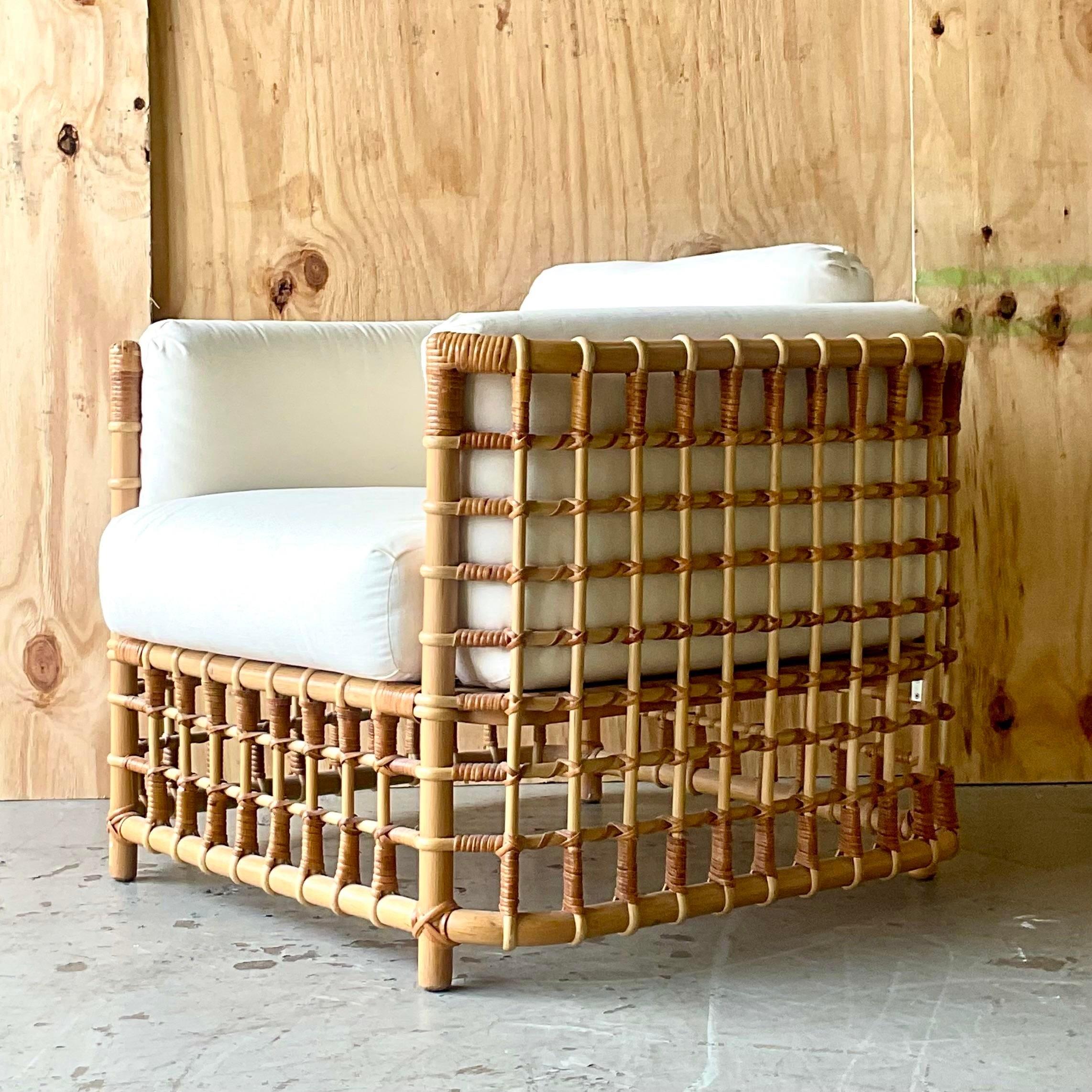 Vintage Coastal Grid Z Rattan Lounge Chair After Henry Olko 4