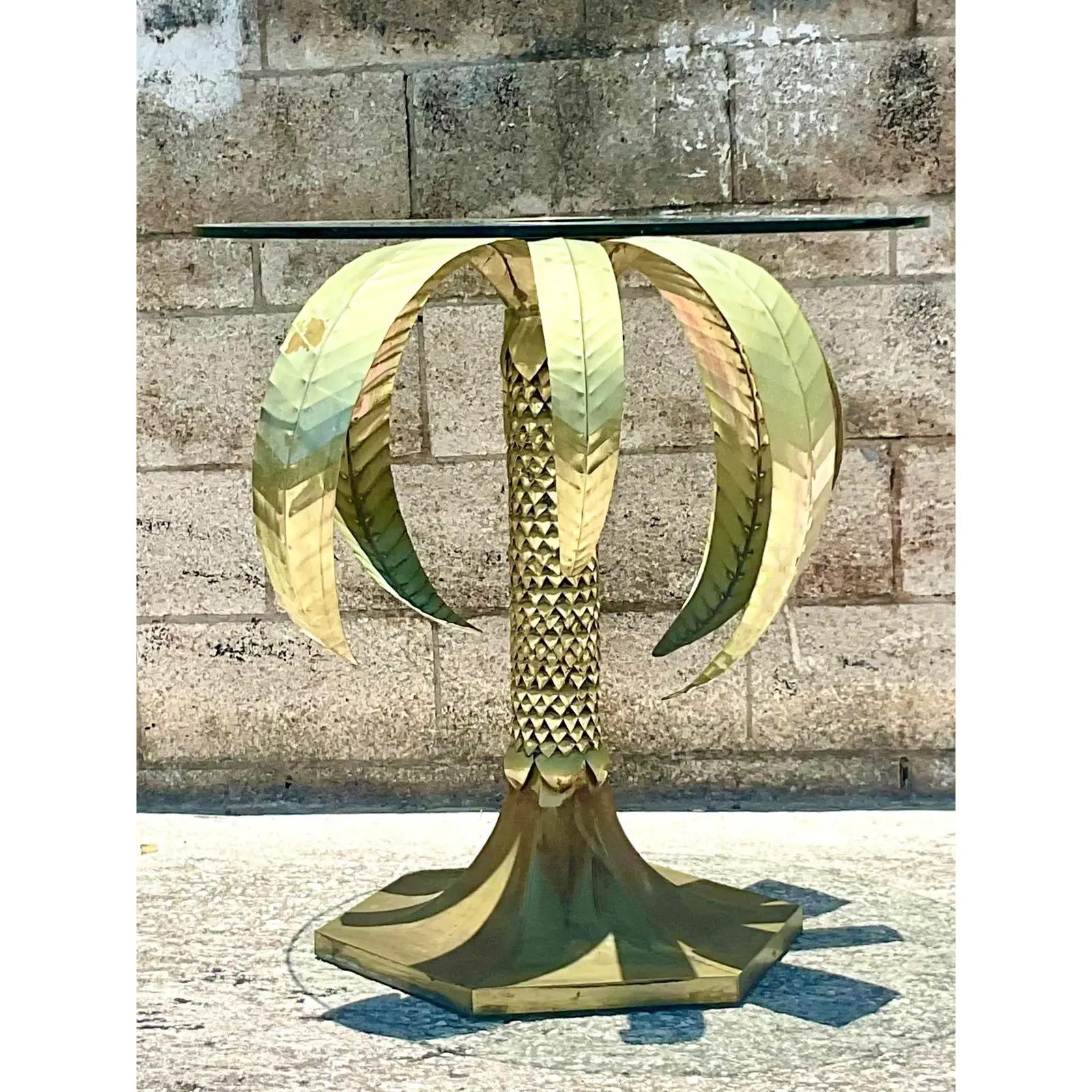 20th Century Vintage Coastal Hammered Brass Palm Tree Side Table