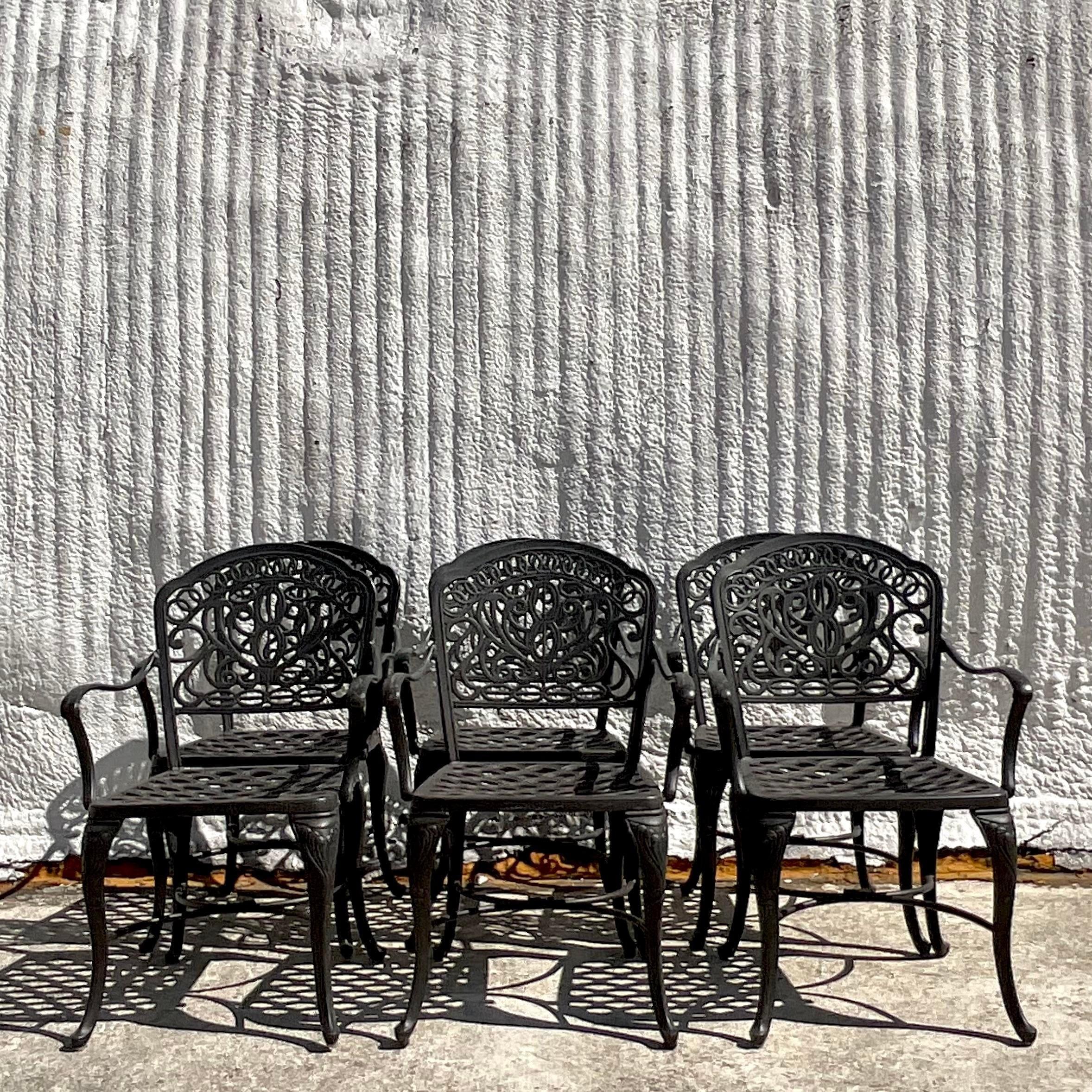 Chinese Vintage Coastal Hanamint Cast Aluminum Outdoor Dining Chairs - Set of 6 For Sale