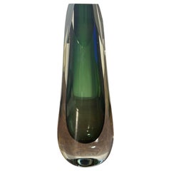 Vintage coastal Hand Blown Green Cased Art Glass Vase with Cut Rim