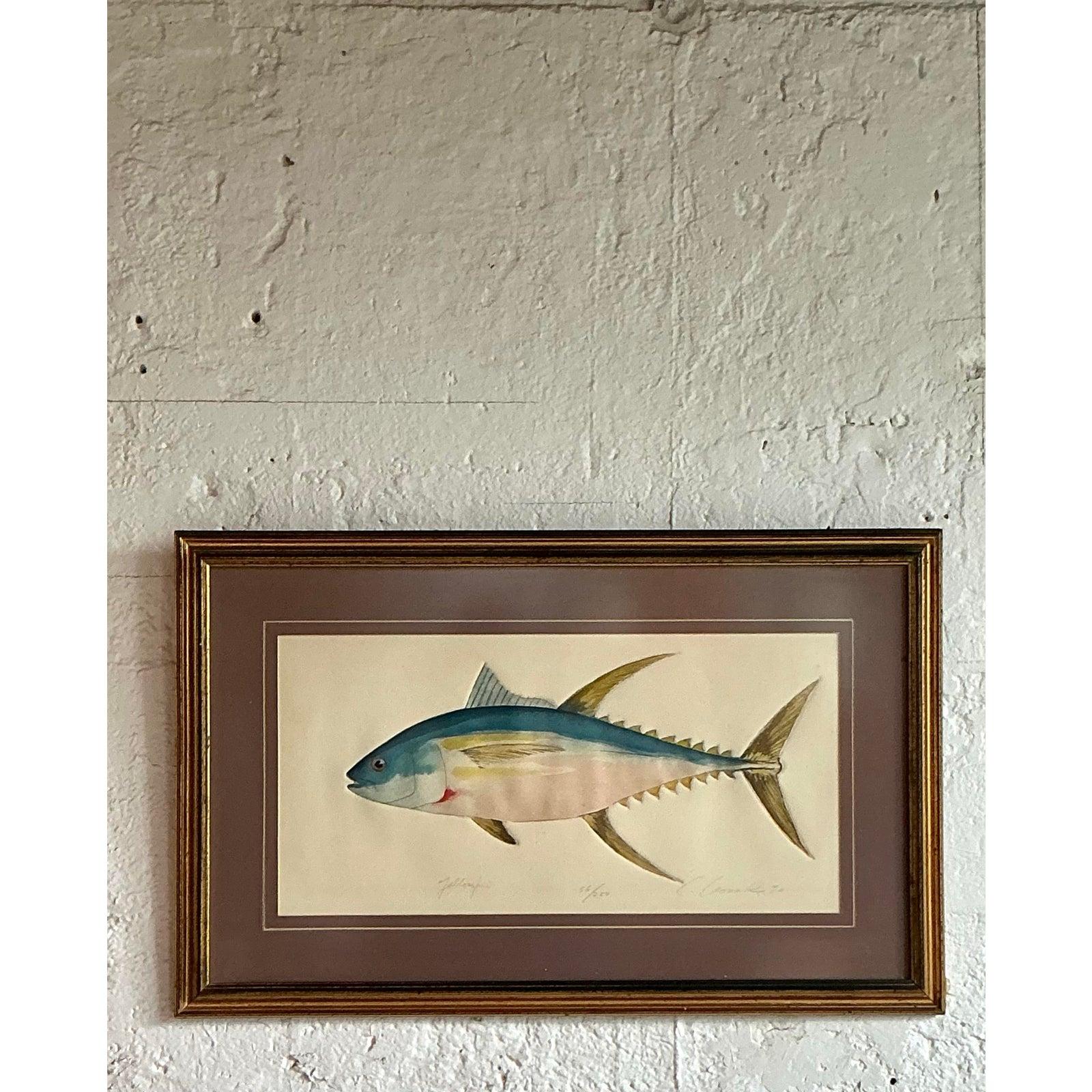 Vintage Coastal Hand koloriert Fisch Lithographie auf Papier (Glas) im Angebot