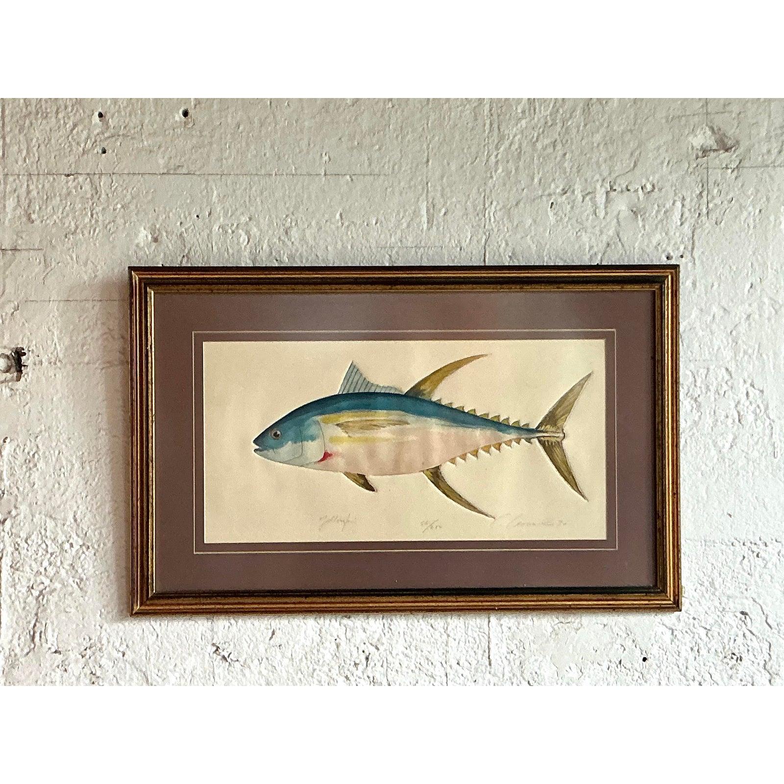 Vintage Coastal Hand koloriert Fisch Lithographie auf Papier im Angebot 2