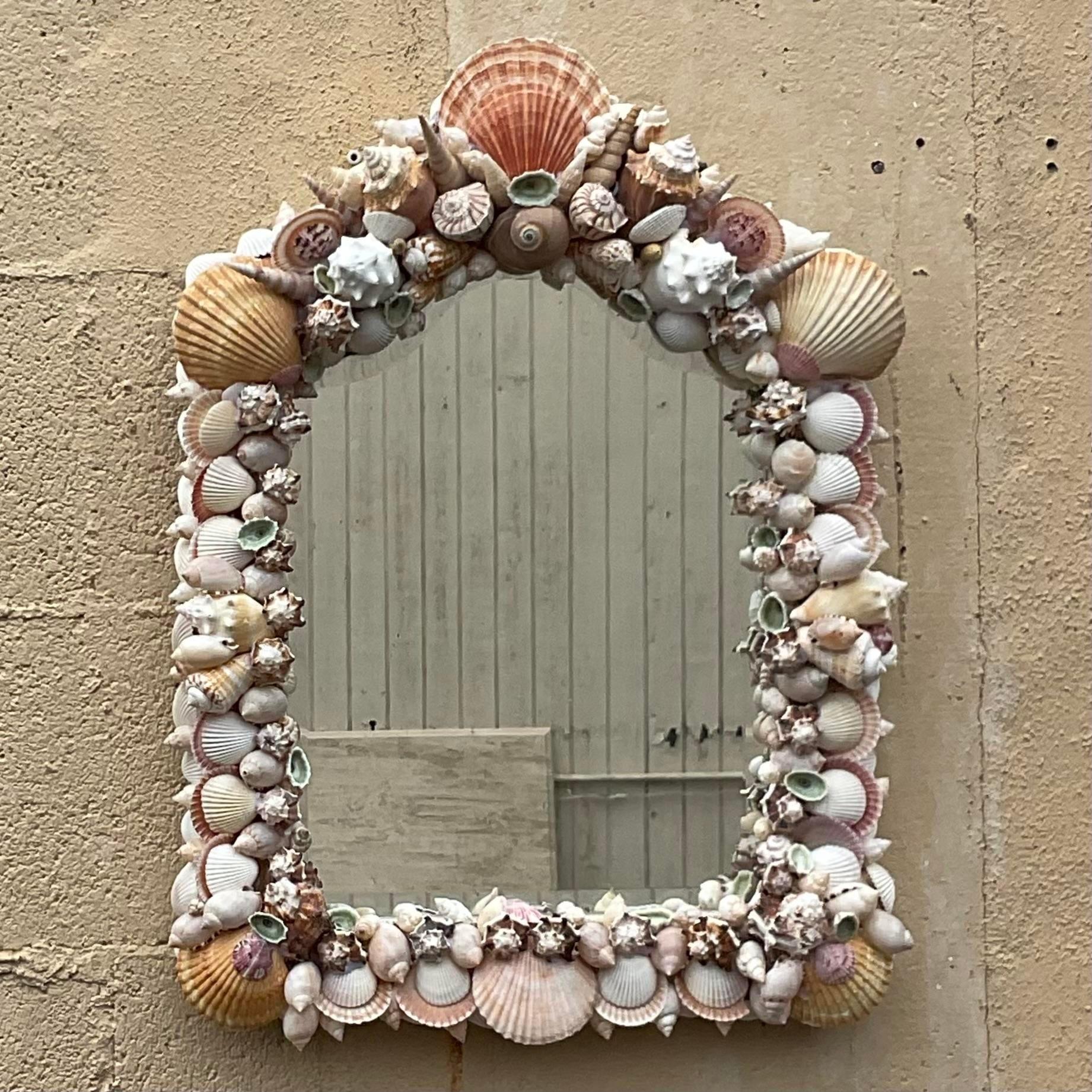 American Vintage Coastal Hand Made Shell Mirror For Sale