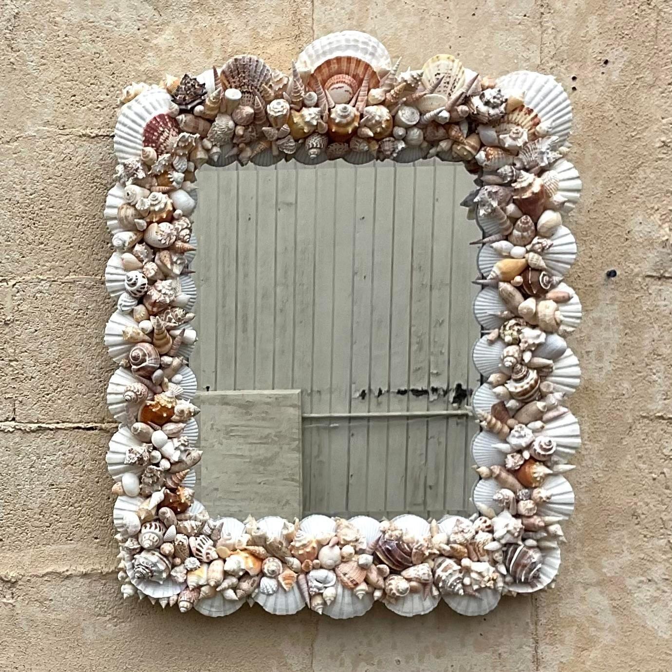 Vintage Coastal Hand Made Shell Mirror In Good Condition For Sale In west palm beach, FL