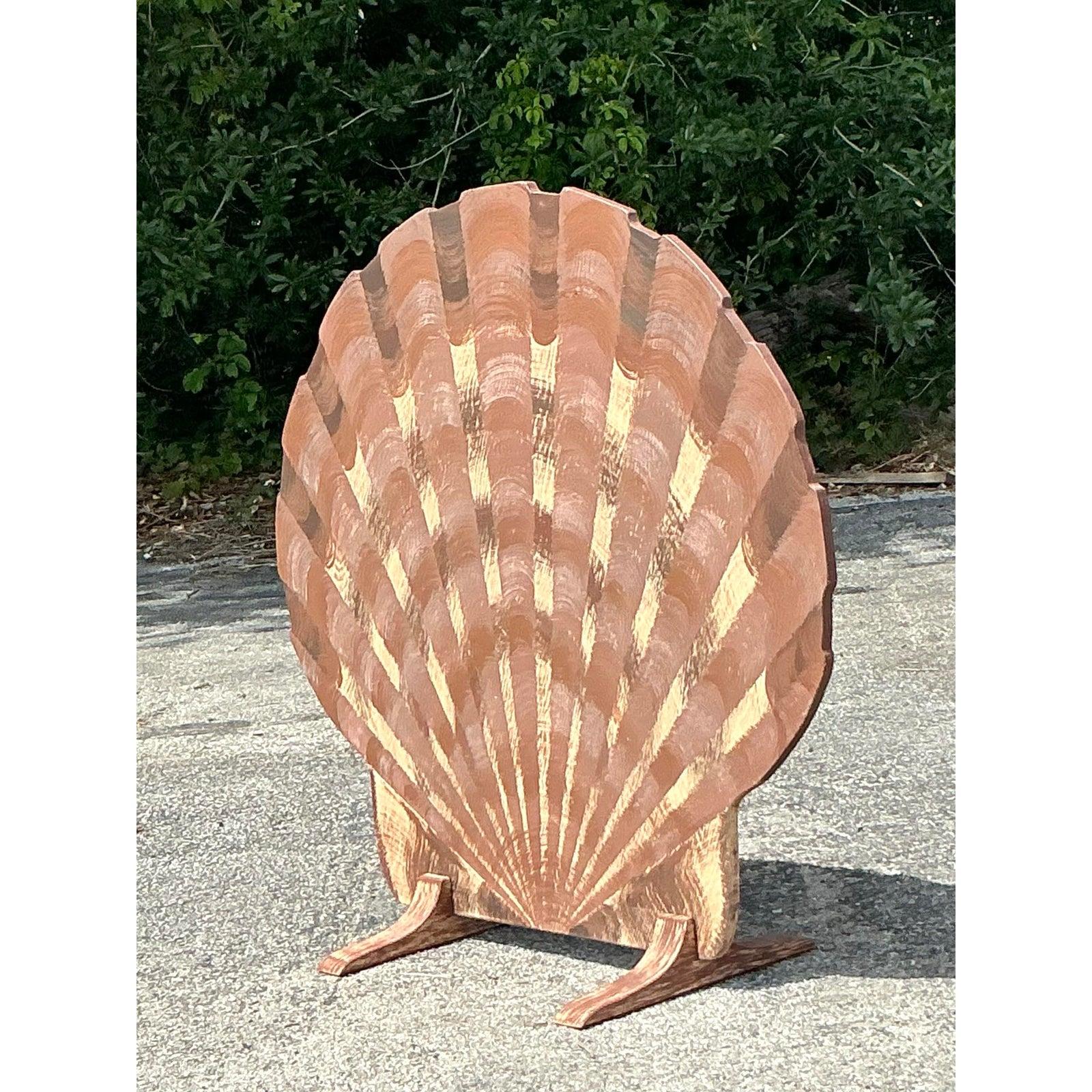 Vintage Coastal Hand Painted Wooden Shell Screen For Sale 2